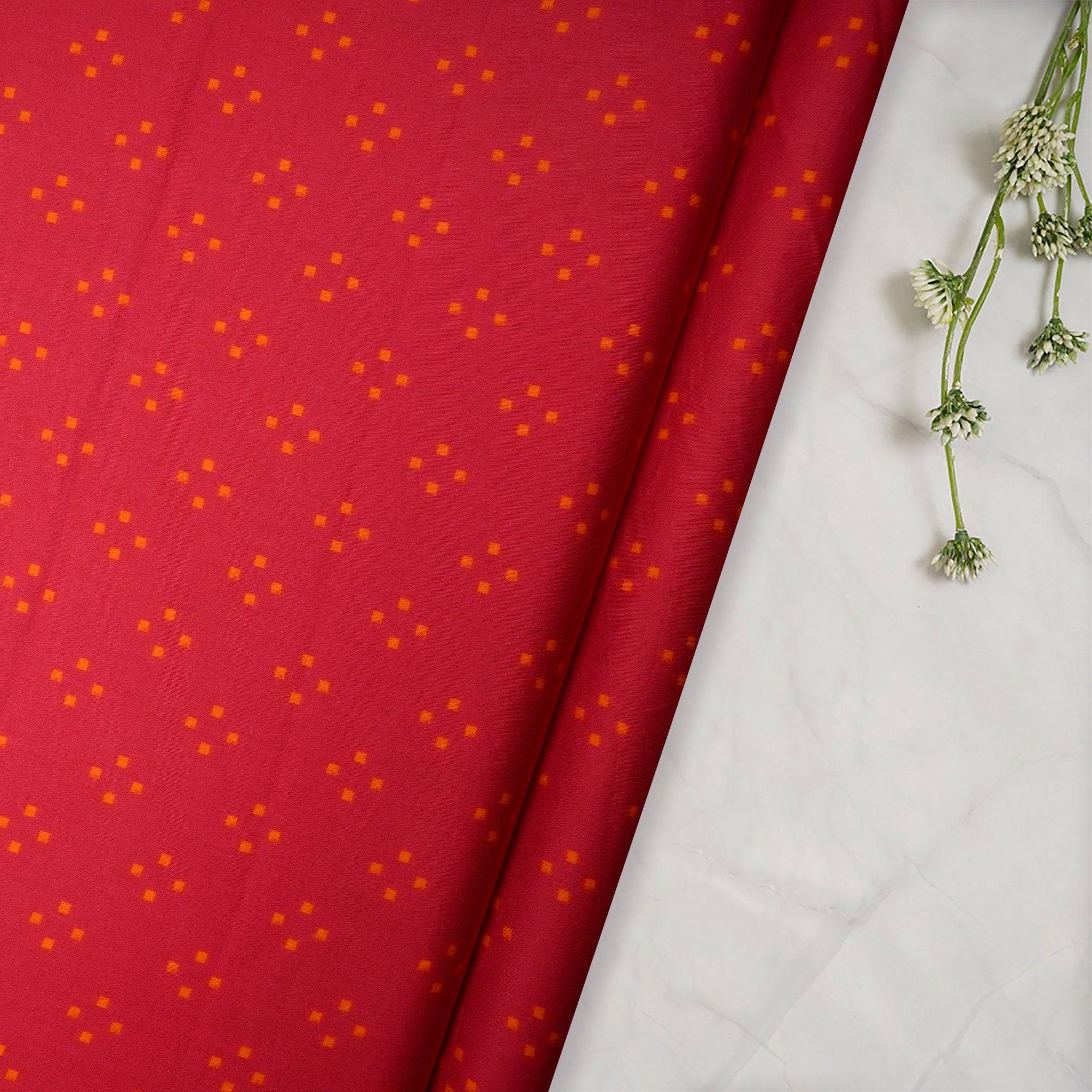 (Pre-Cut 2.55 Mtr)Tomato Puree All Over Pattern Digital Printed Cotton Satin Fabric