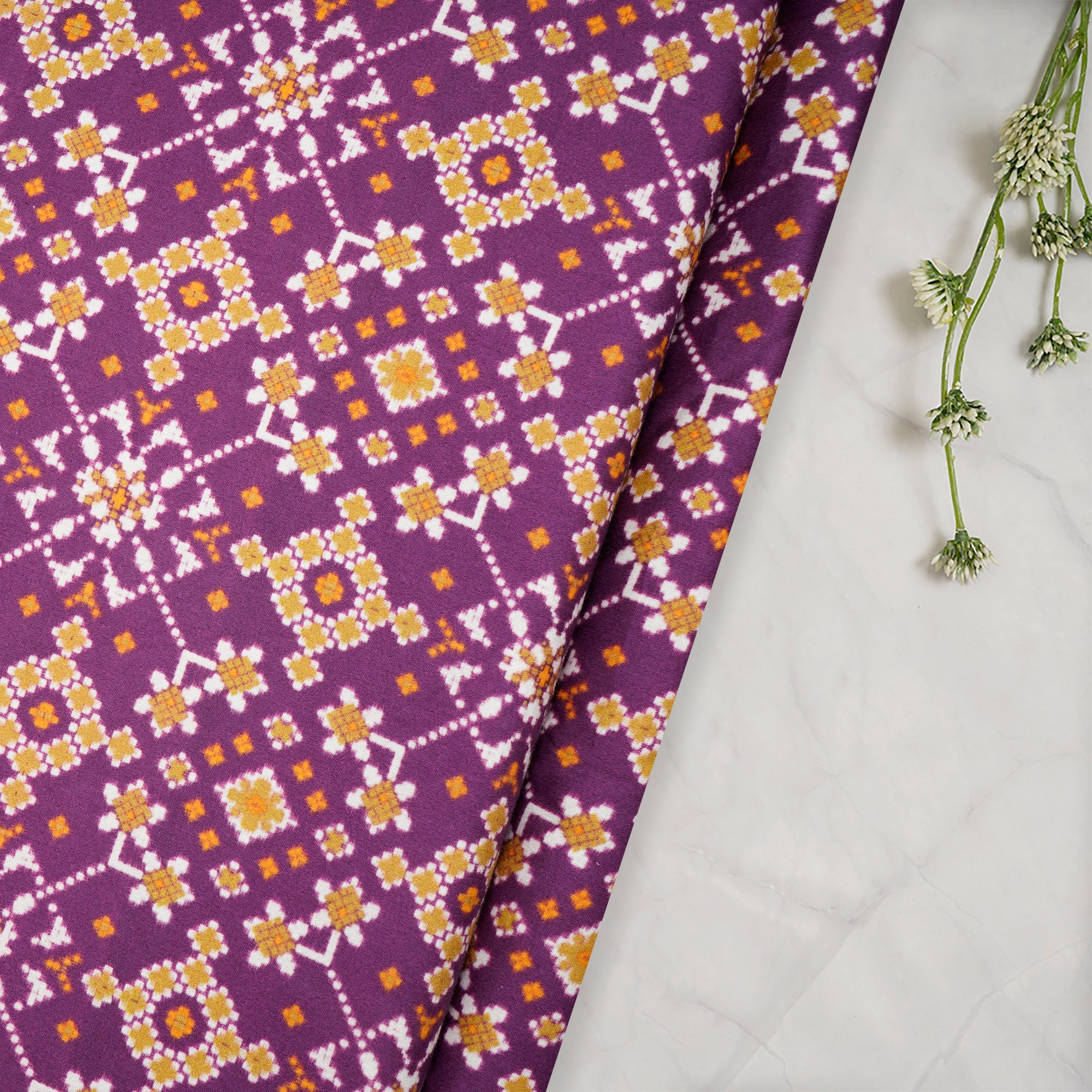 (Pre-Cut 1.00 Mtr)Purple Patola Pattern Digital Print-Cotton Satin Fabric
