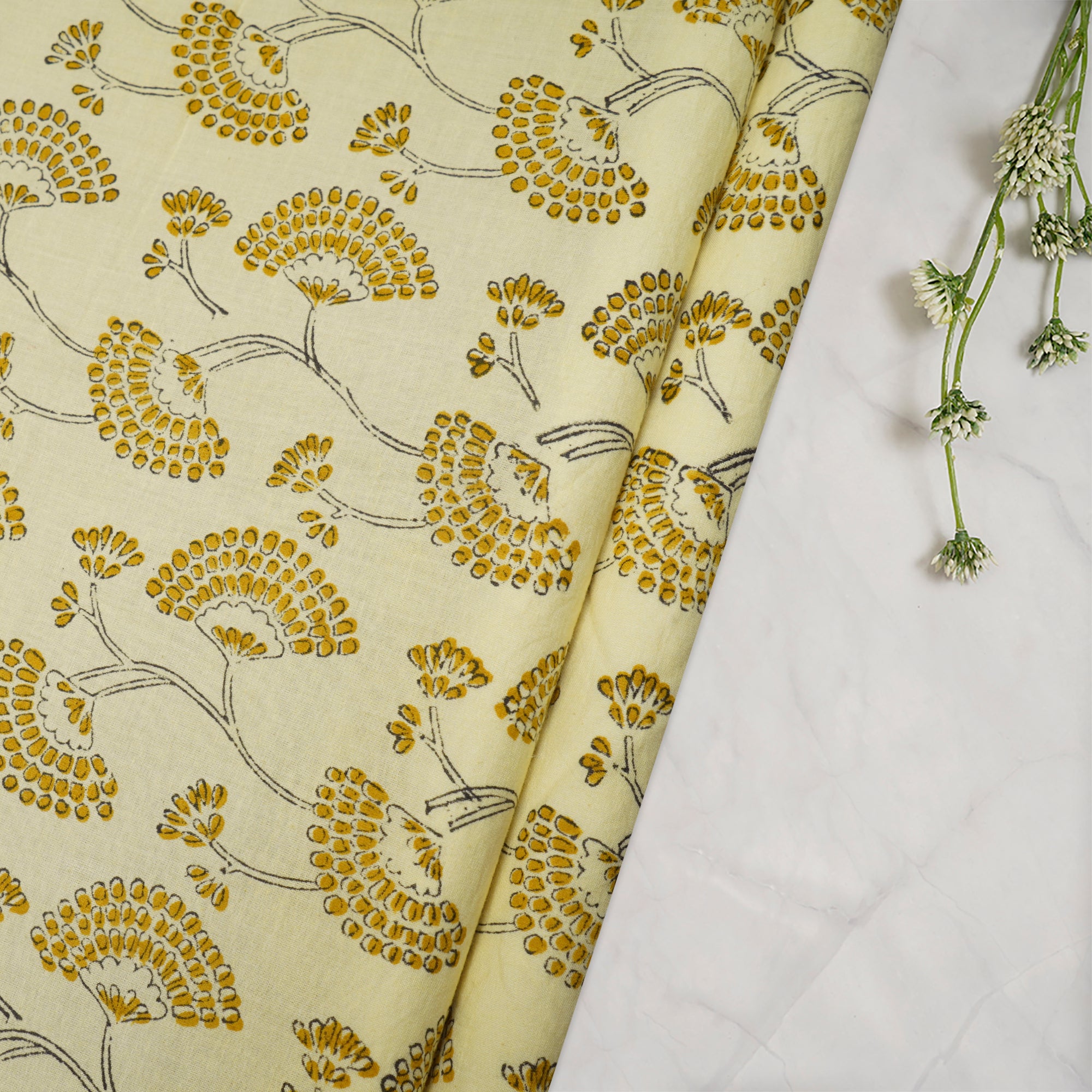 (Pre-Cut 0.70 Mtr)Light Yellow Peacock Pattern Screen Print Pure Cotton Fabric
