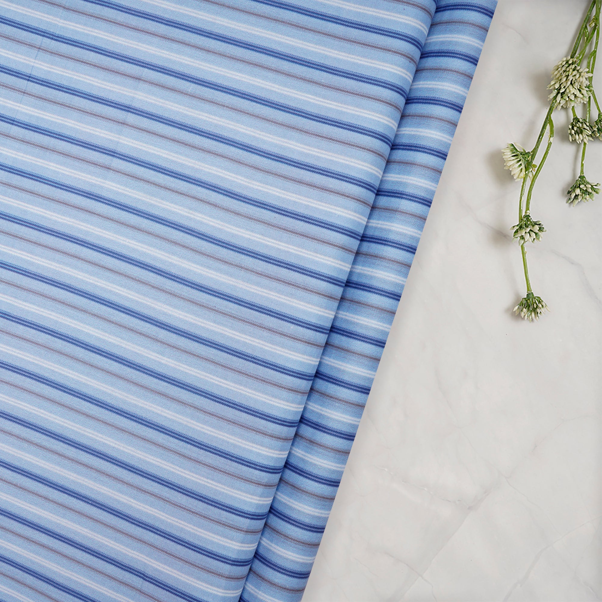 (Pre-Cut 1.30 Mtr)Azure Blue Stripe Pattern Digital Print Lawn Fabric