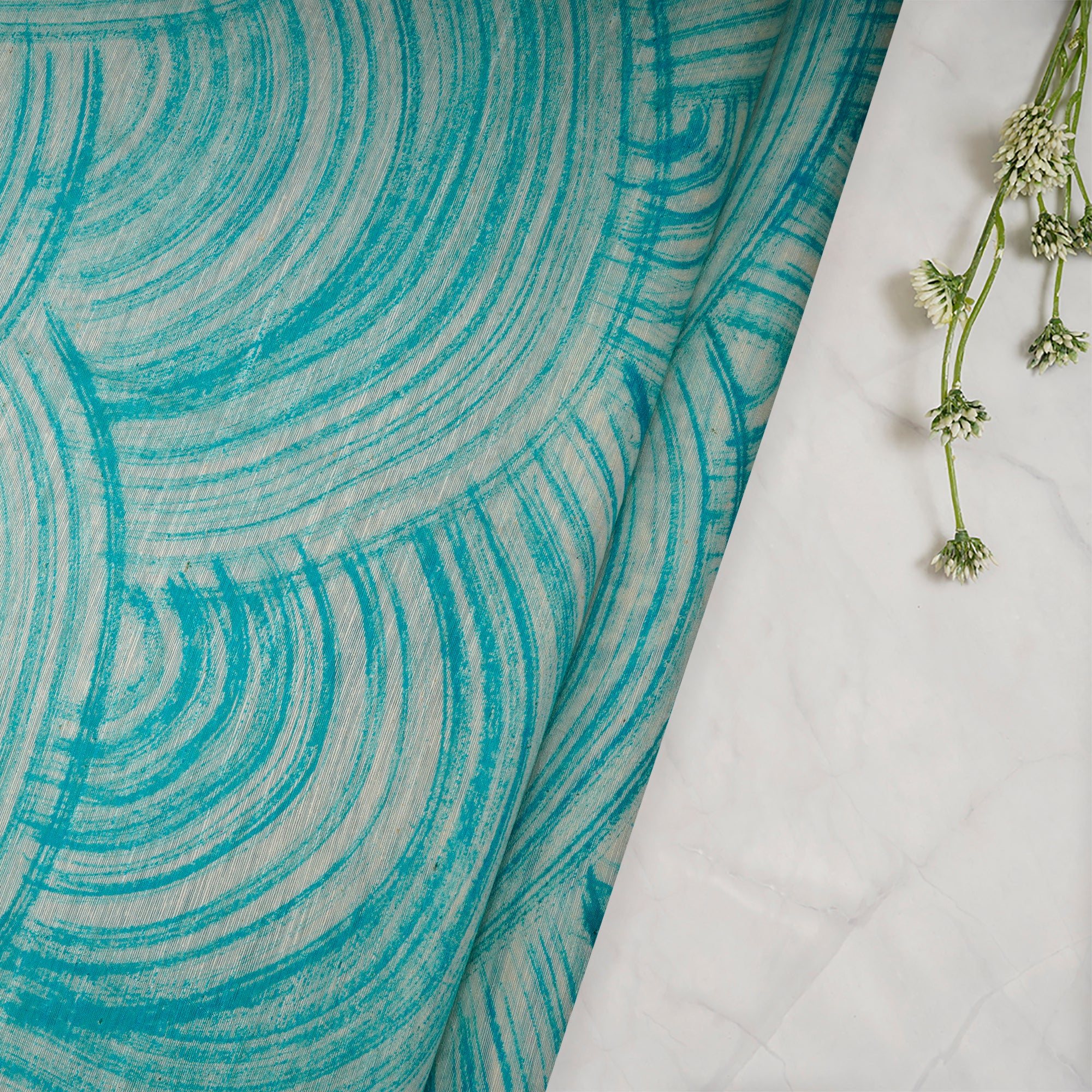 (Pre-Cut 4.00Mtr)Sky Blue All Over Pattern Screen Print Noile Silk Fabric