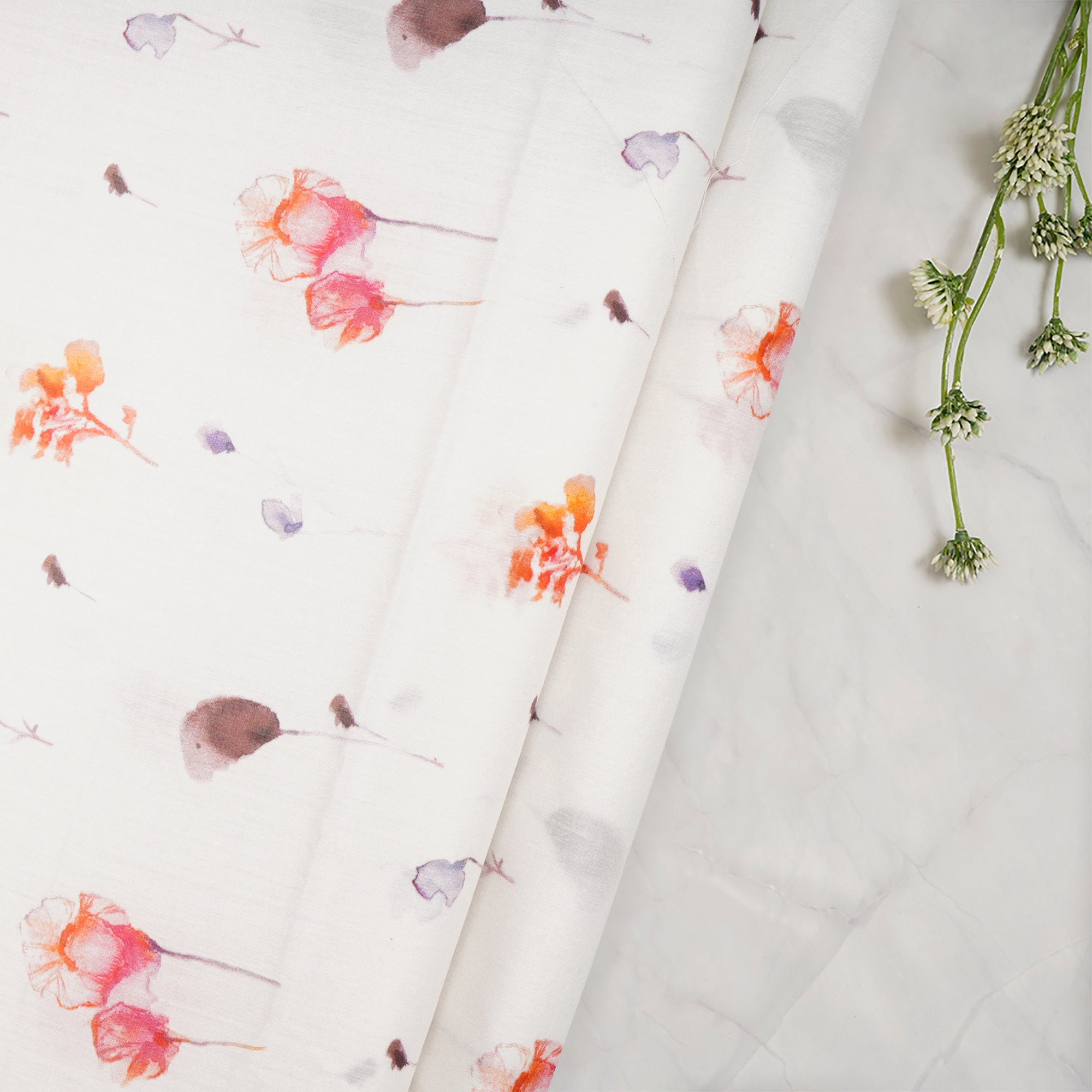 (Pre-Cut 1.80 Mtr)Off-White Floral Pattern Digital Print-Lawn Fabric