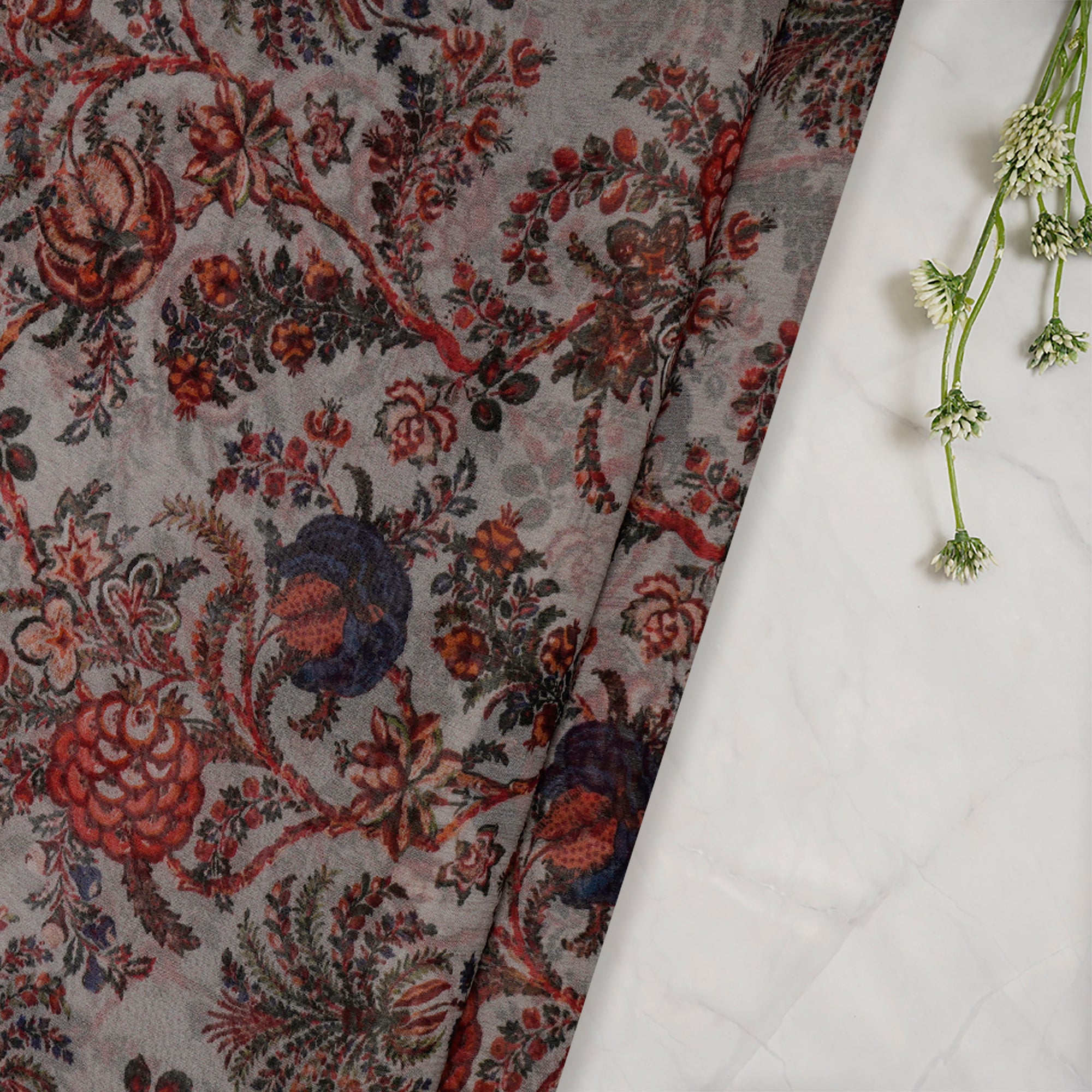 (Pre-Cut 2.60 Mtr) Multi Color Floral Pattern Digital Print-Bemberg Chiffon Fabric