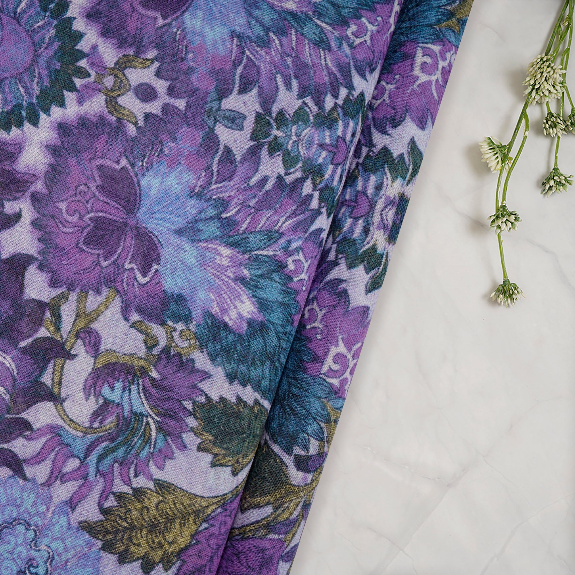 (Pre-Cut 4.00 Mtr)Purple Color Digital Printed High Twisted Cotton Voile Fabric