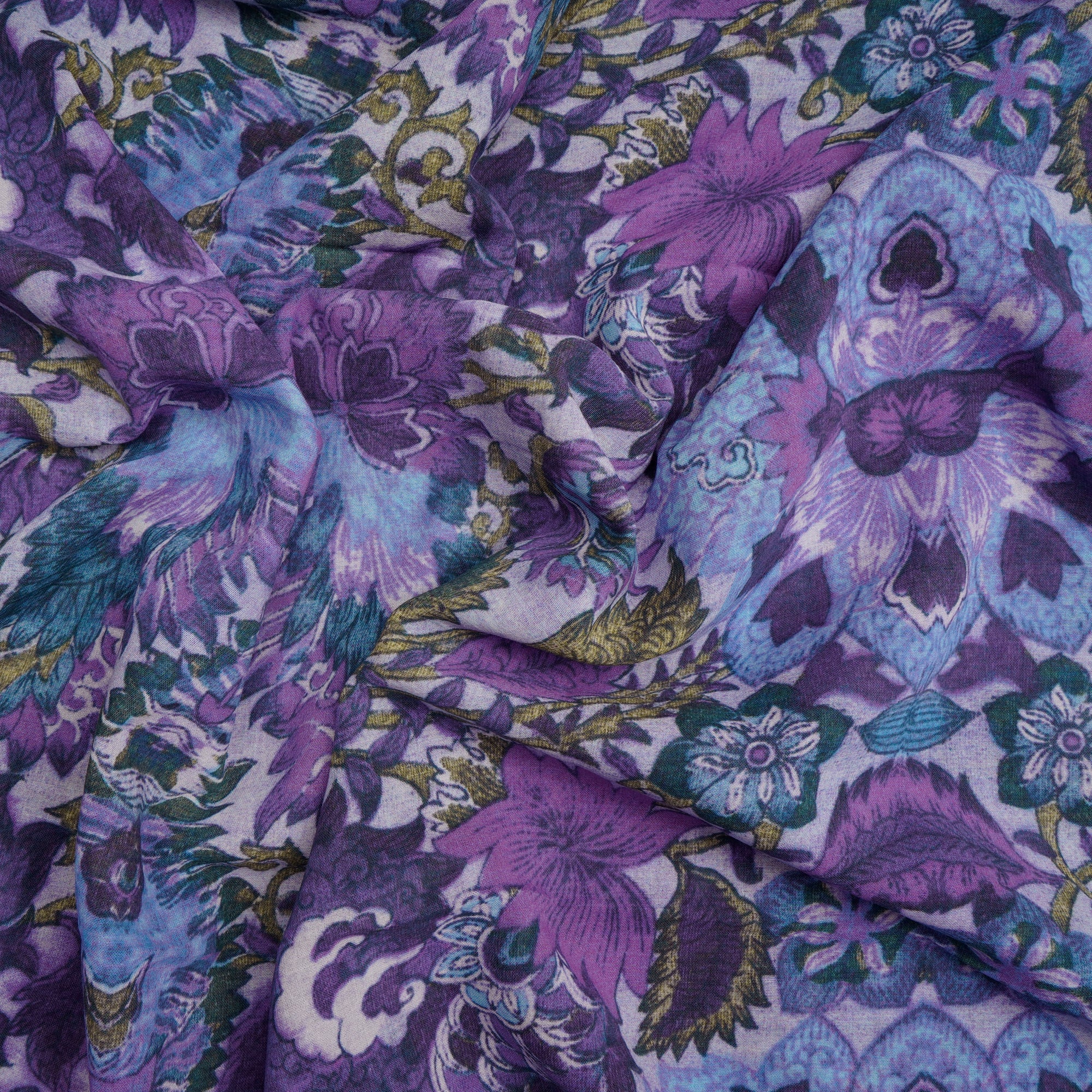(Pre-Cut 4.00 Mtr)Purple Color Digital Printed High Twisted Cotton Voile Fabric