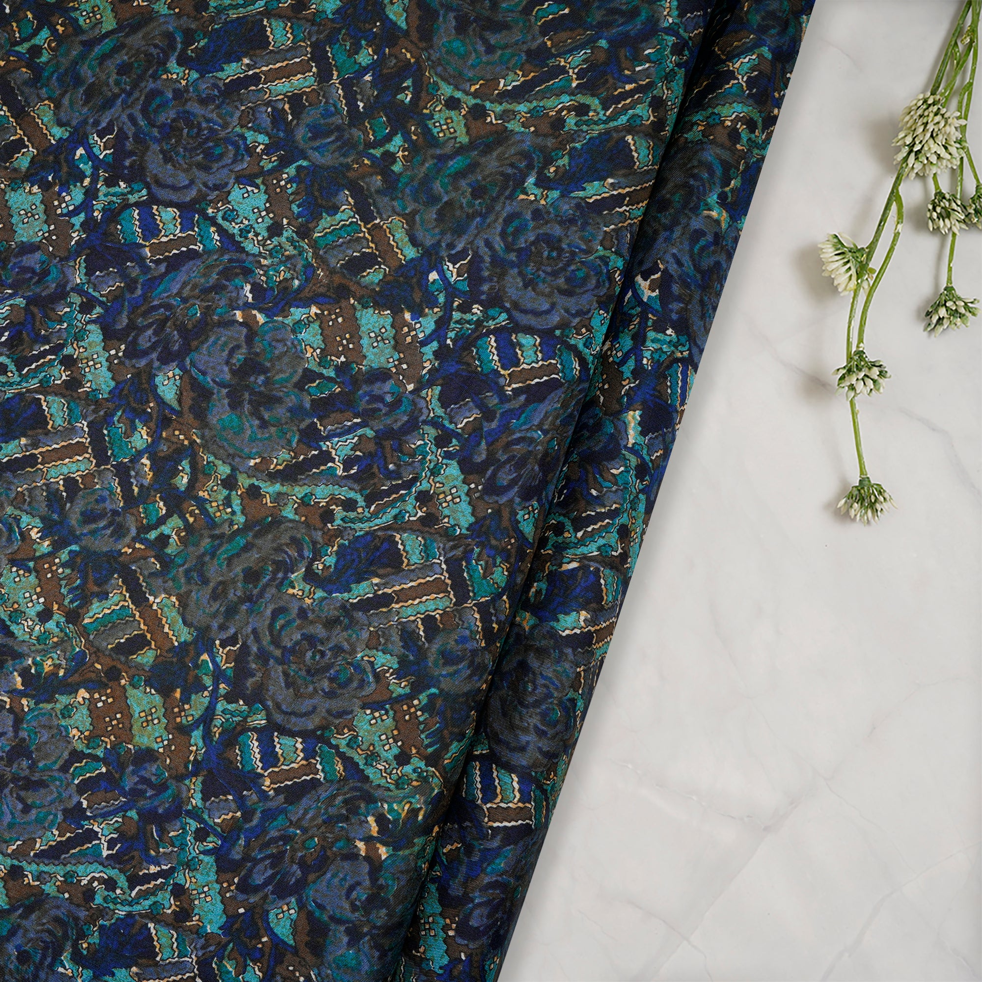 (Pre-Cut 1.80 Mtr)Dark Blue Color Printed Plain Silk Fabric