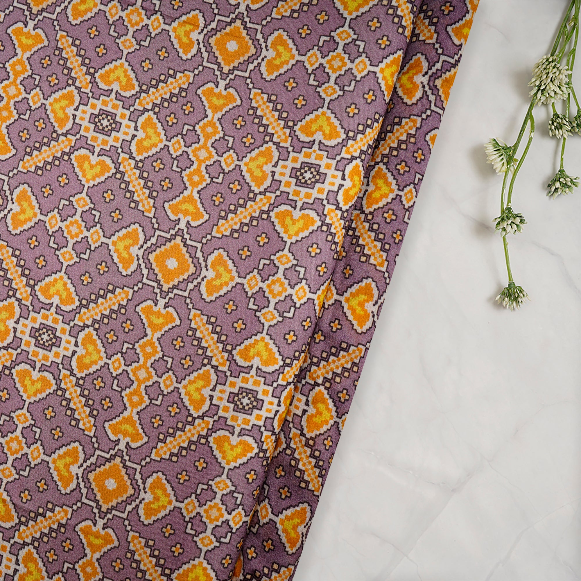 (Pre-Cut 1.00 Mtr)Crocus Patola Pattern Digital Printed Pure Chanderi Fabric