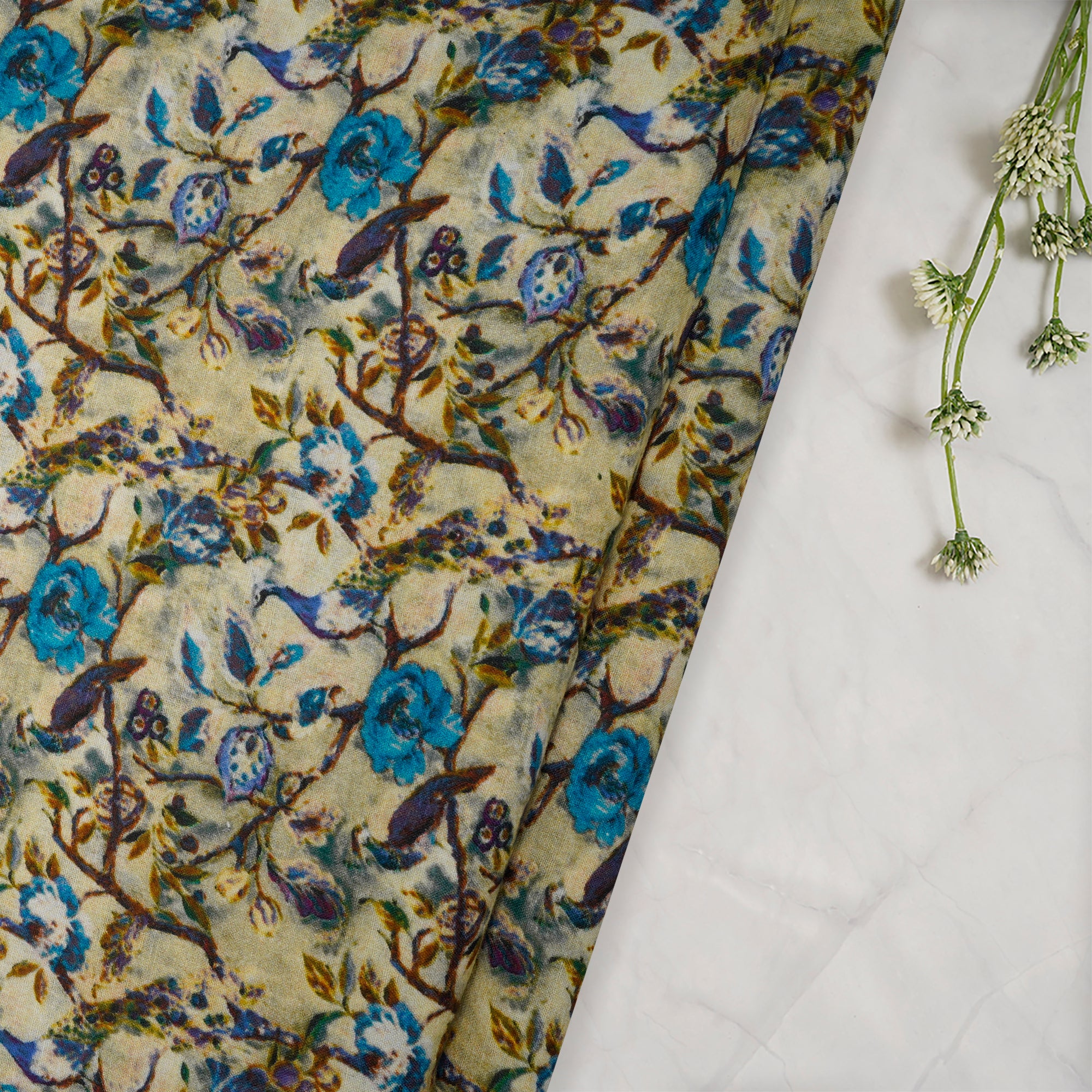 (Pre-Cut 1.85 Mtr)Multi Color Floral Pattern Digital Print Muslin Cotton Fabric