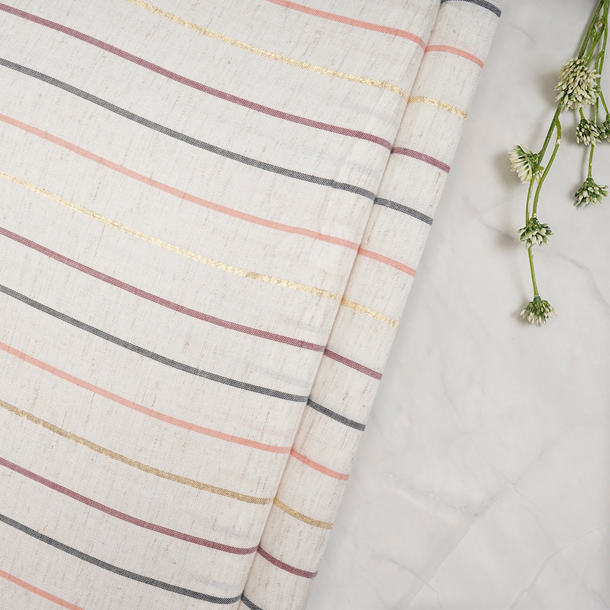 (Pre-Cut 1.30 Mtr)Off White Color Yarn Dyed Striped Rayon Fabric