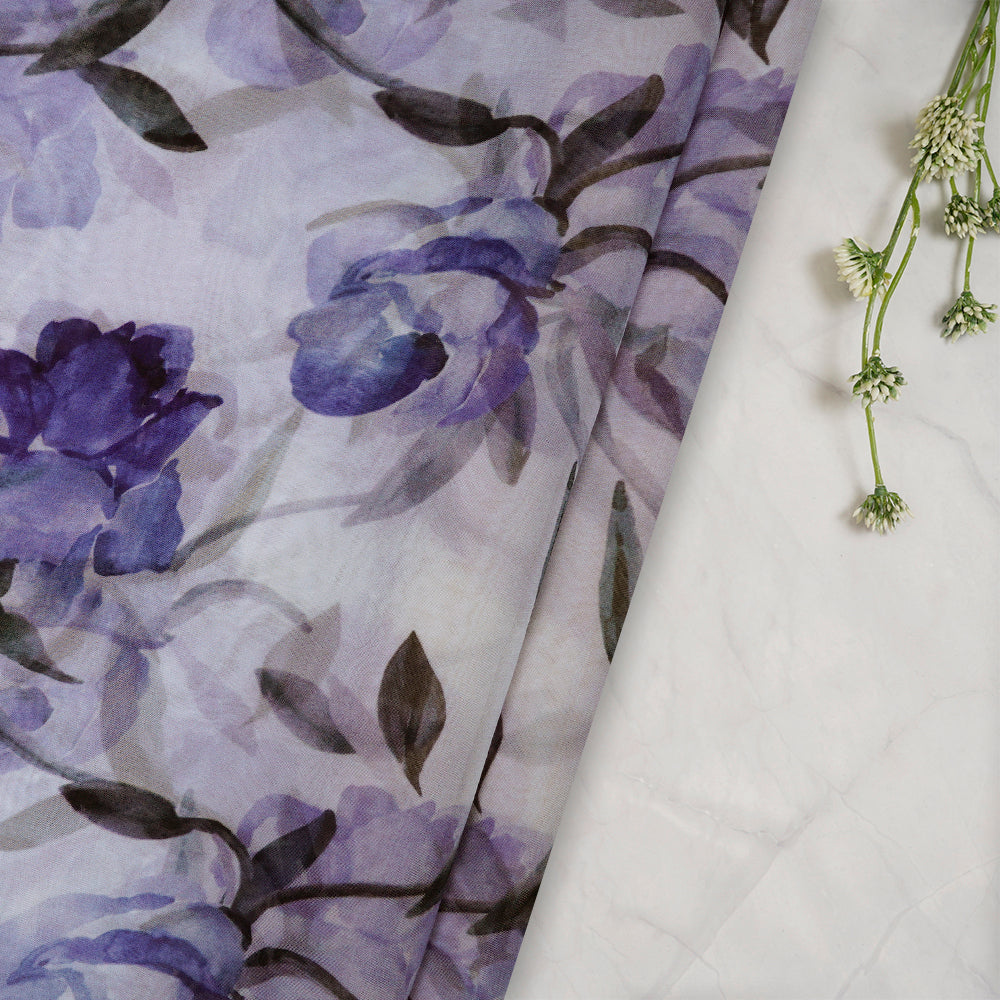(Pre-Cut 2.95 Mtr)Voilet Floral Pattern Digital Print-Viscose Organza Fabric