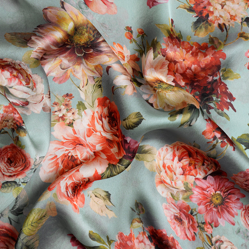 (Pre-Cut 2.20 Mtr)Multi Color Floral Pattern Digital Print-Poly Satin Chiffon Fabric