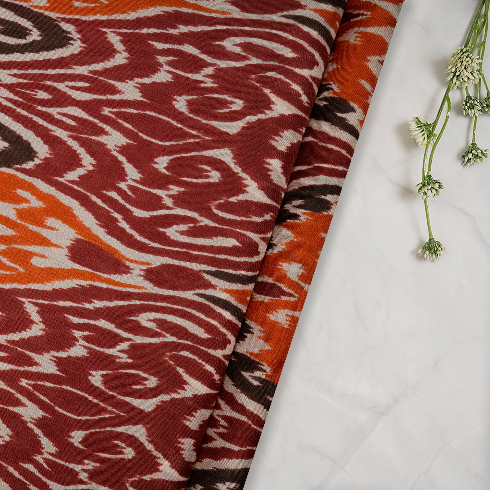 (Pre-Cut 2.00 Mtr)Orange-Red Ikat Pattern Digital Print-Plain Silk Fabric