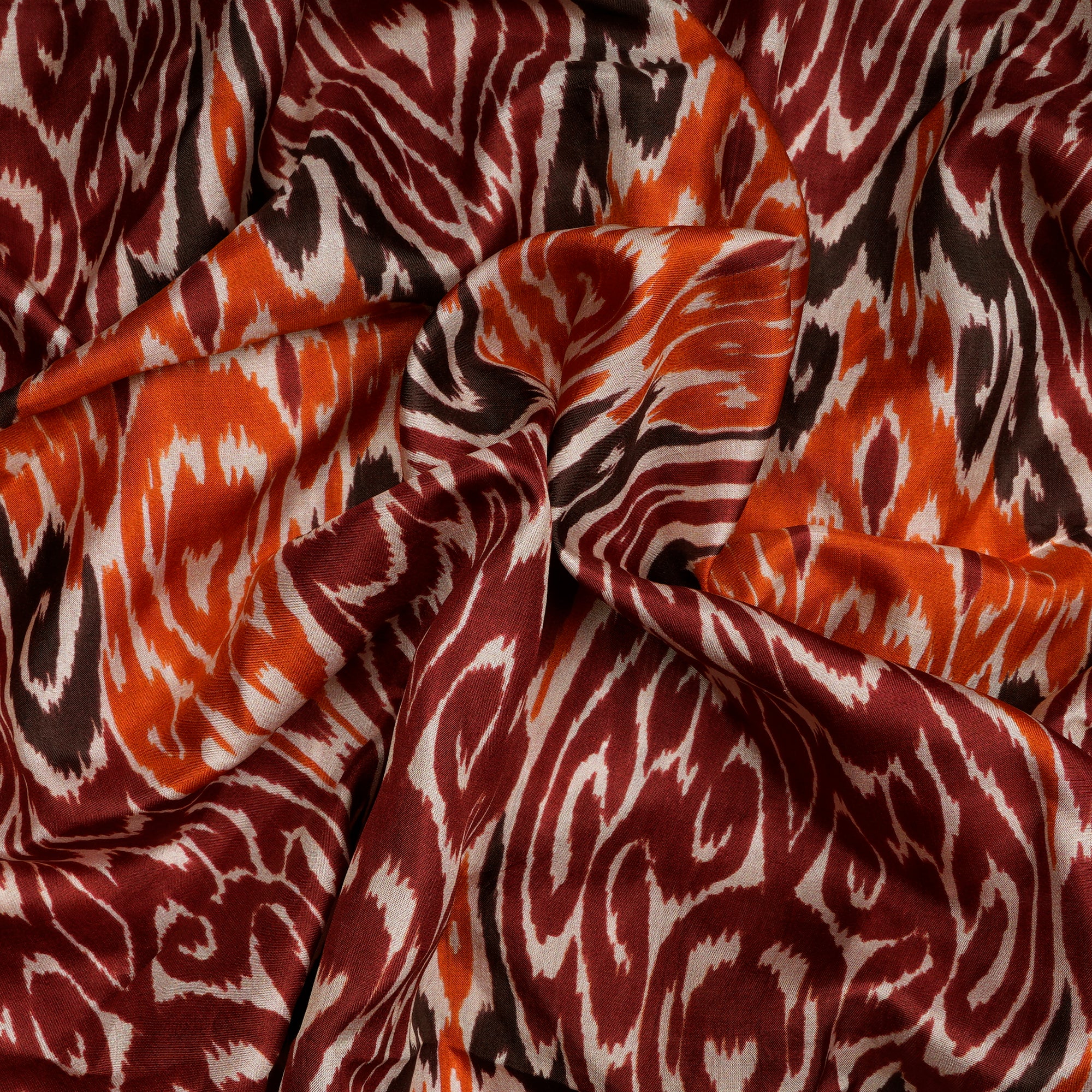(Pre-Cut 2.00 Mtr)Orange-Red Ikat Pattern Digital Print-Plain Silk Fabric