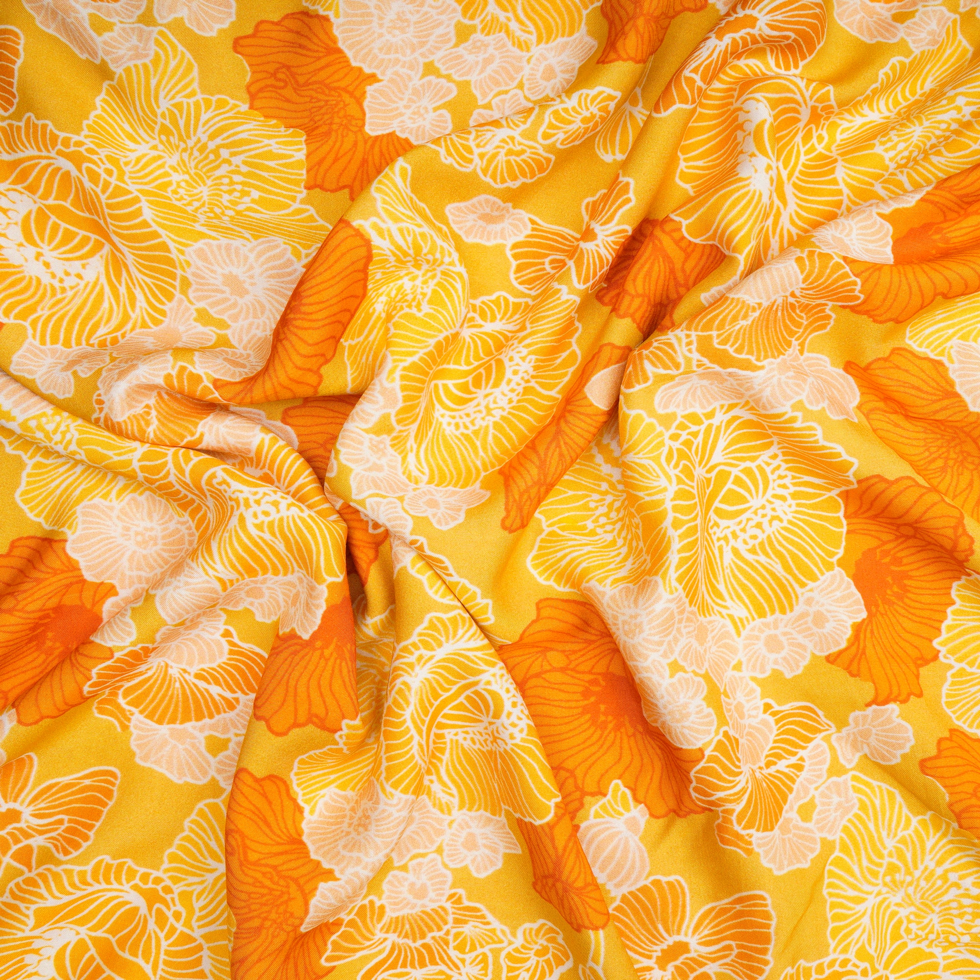(Pre-Cut 2.90 Mtr)Yellow Floral Pattern Digital Print- Bemberg Muslin Fabric