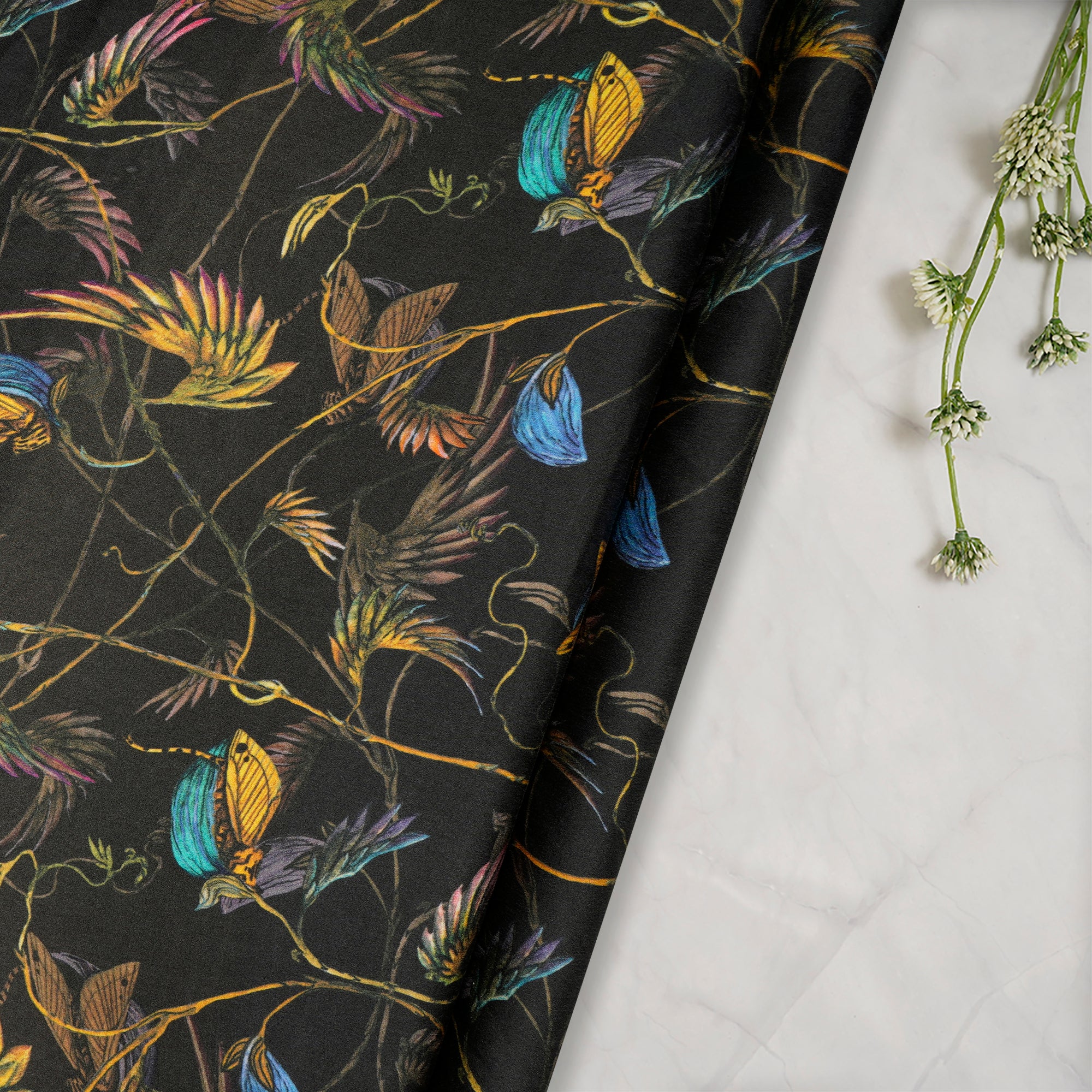 (Pre-Cut 2.50 Mtr)Urban Chic Floral Pattern Digital Print-Satin Silk Fabric