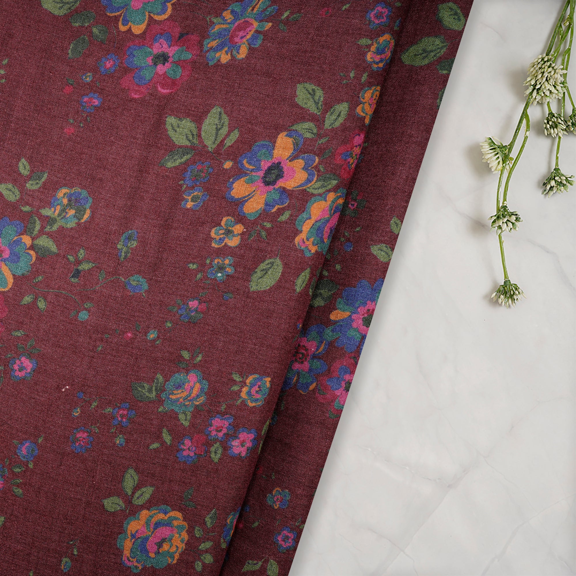 (Pre-Cut 3.30 Mtr)Mauve Floral Pattern Digital Printed Muga Silk Fabric