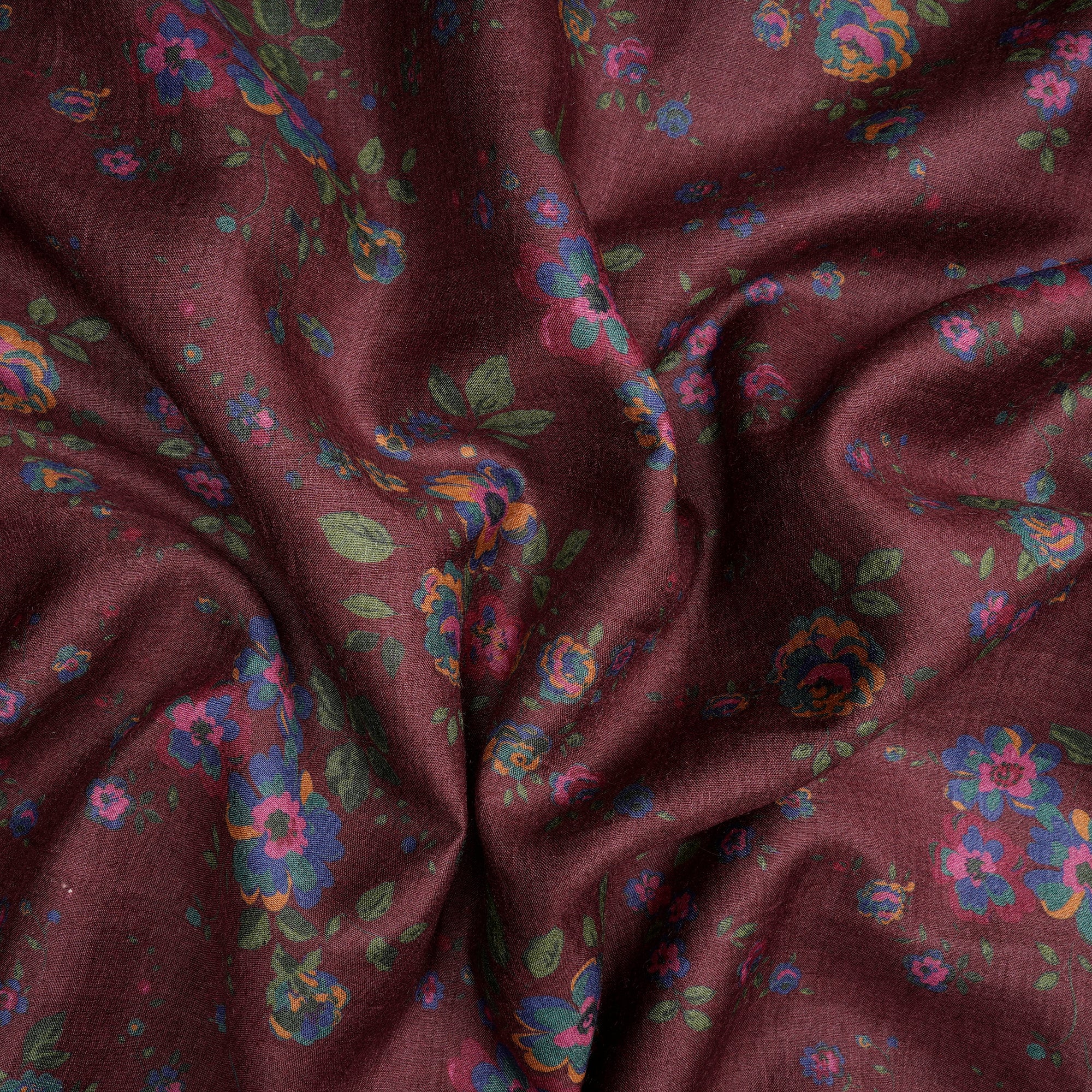 (Pre-Cut 3.30 Mtr)Mauve Floral Pattern Digital Printed Muga Silk Fabric