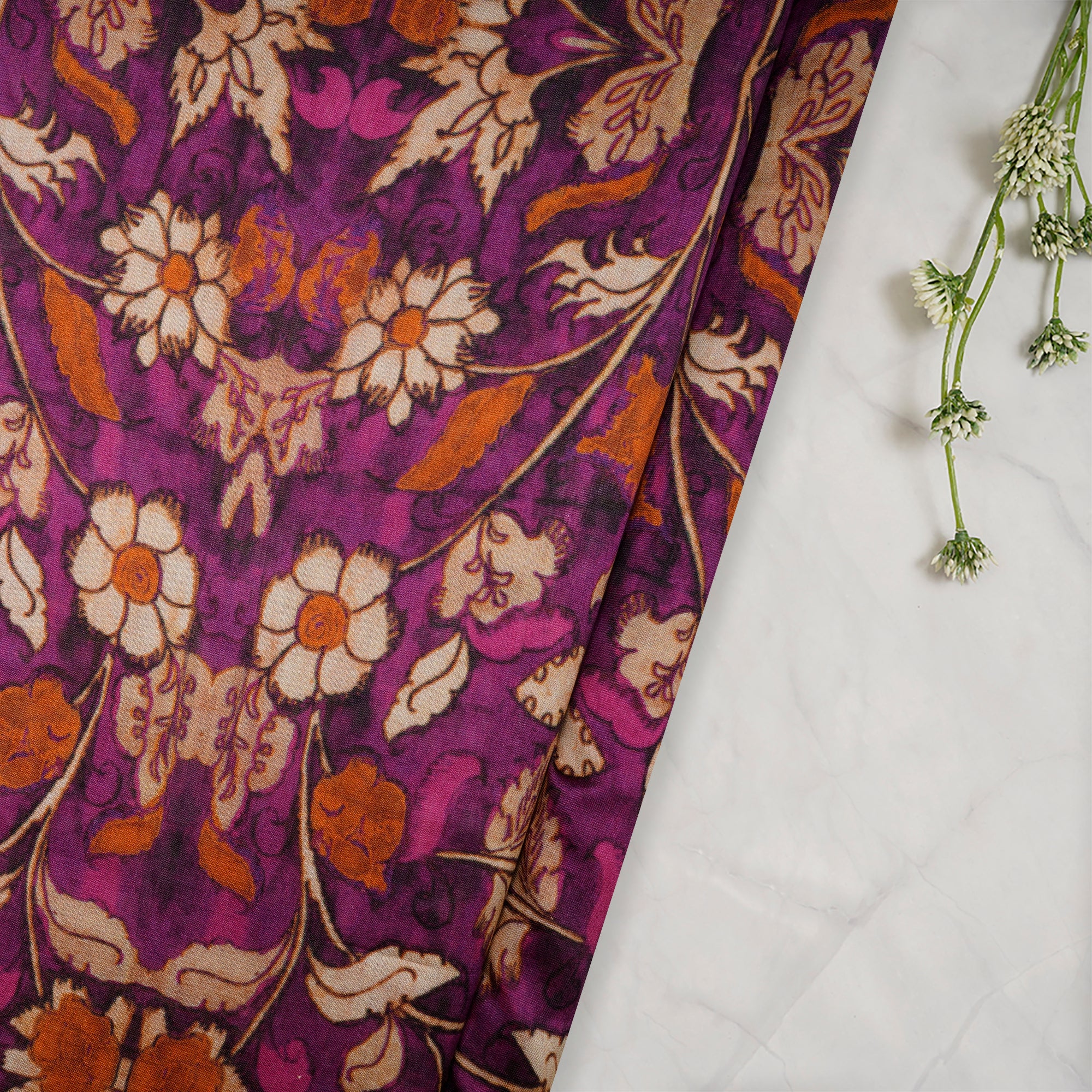 (Pre-Cut 4.60 Mtr)Purple Floral Pattern Digital Print-Chanderi Fabric
