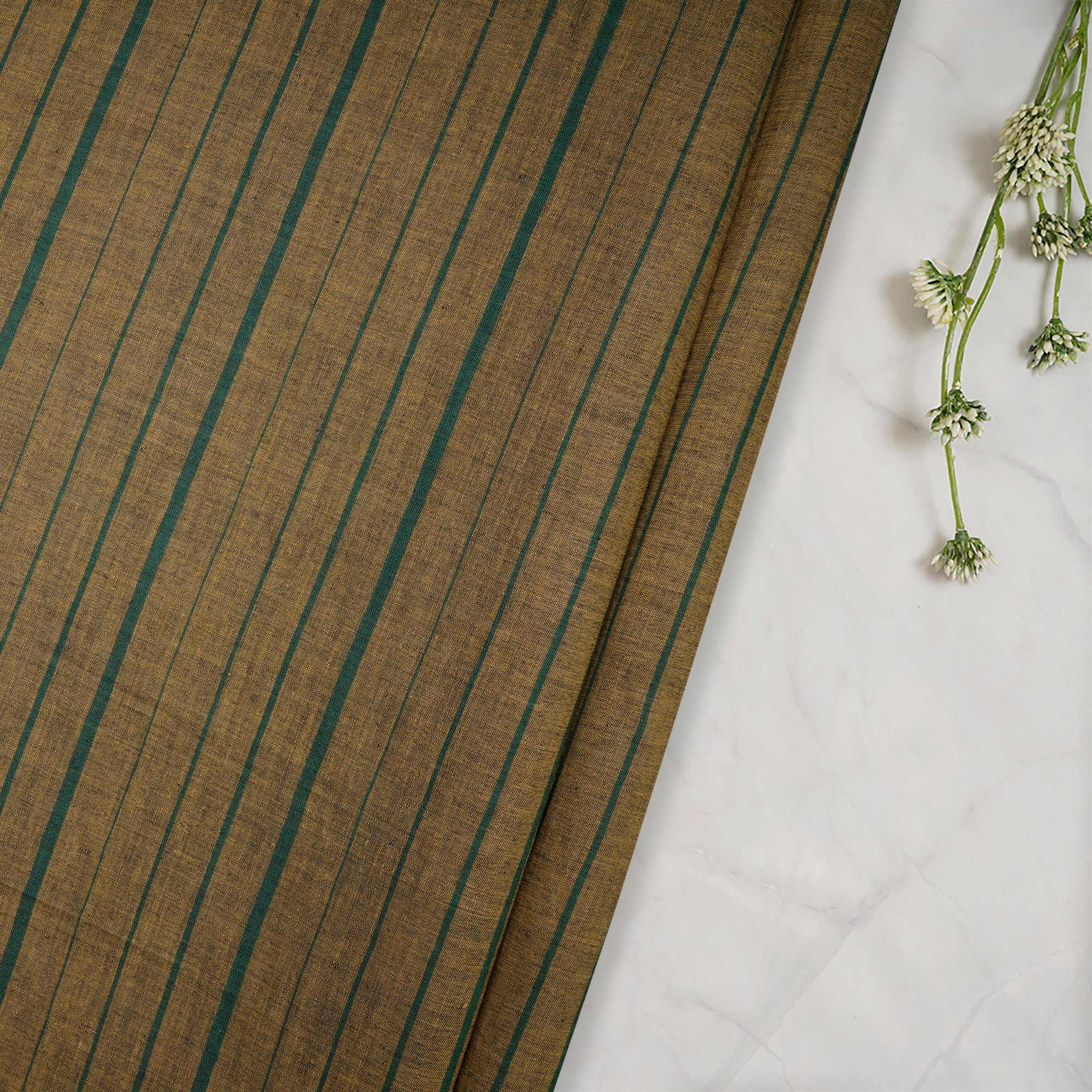 (Pre-Cut 1.05 Mtr)Olive Green Stripe Pattern Woven Muslin Fabric
