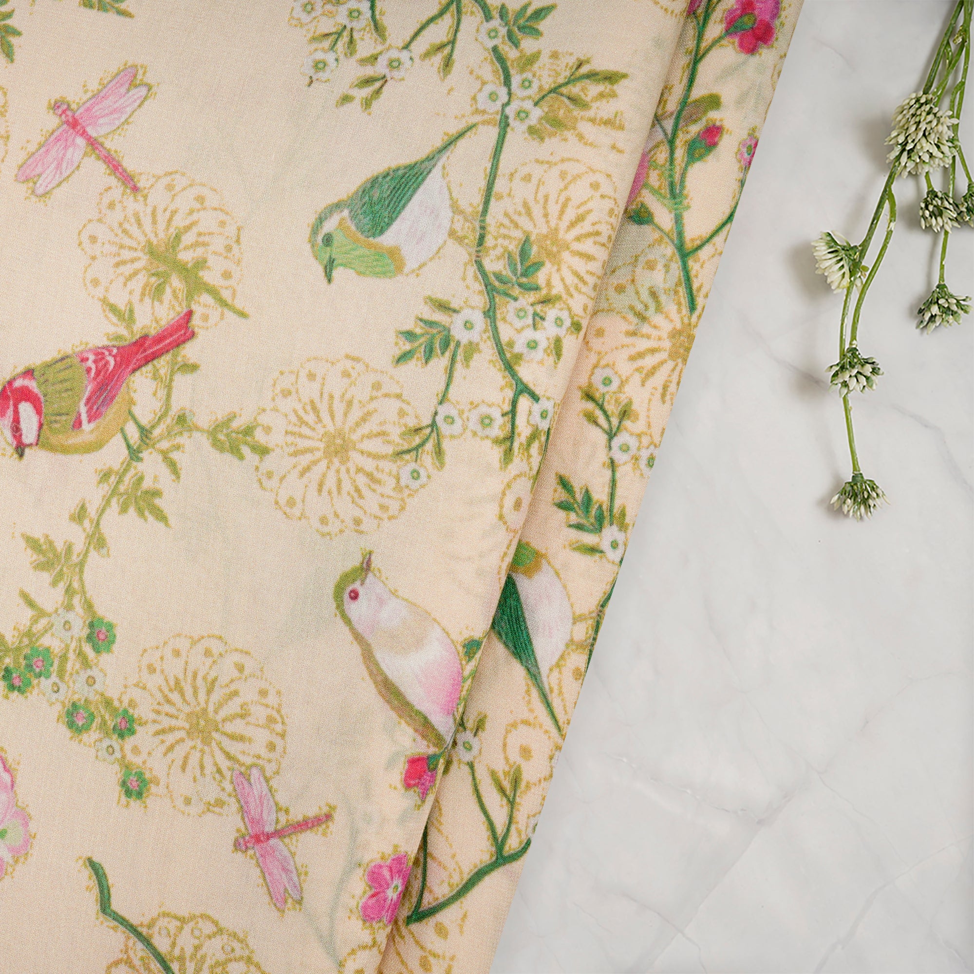(Pre-Cut 2.70 Mtr)Off-White Floral Pattern Digital Print Viscose Terry Voile
