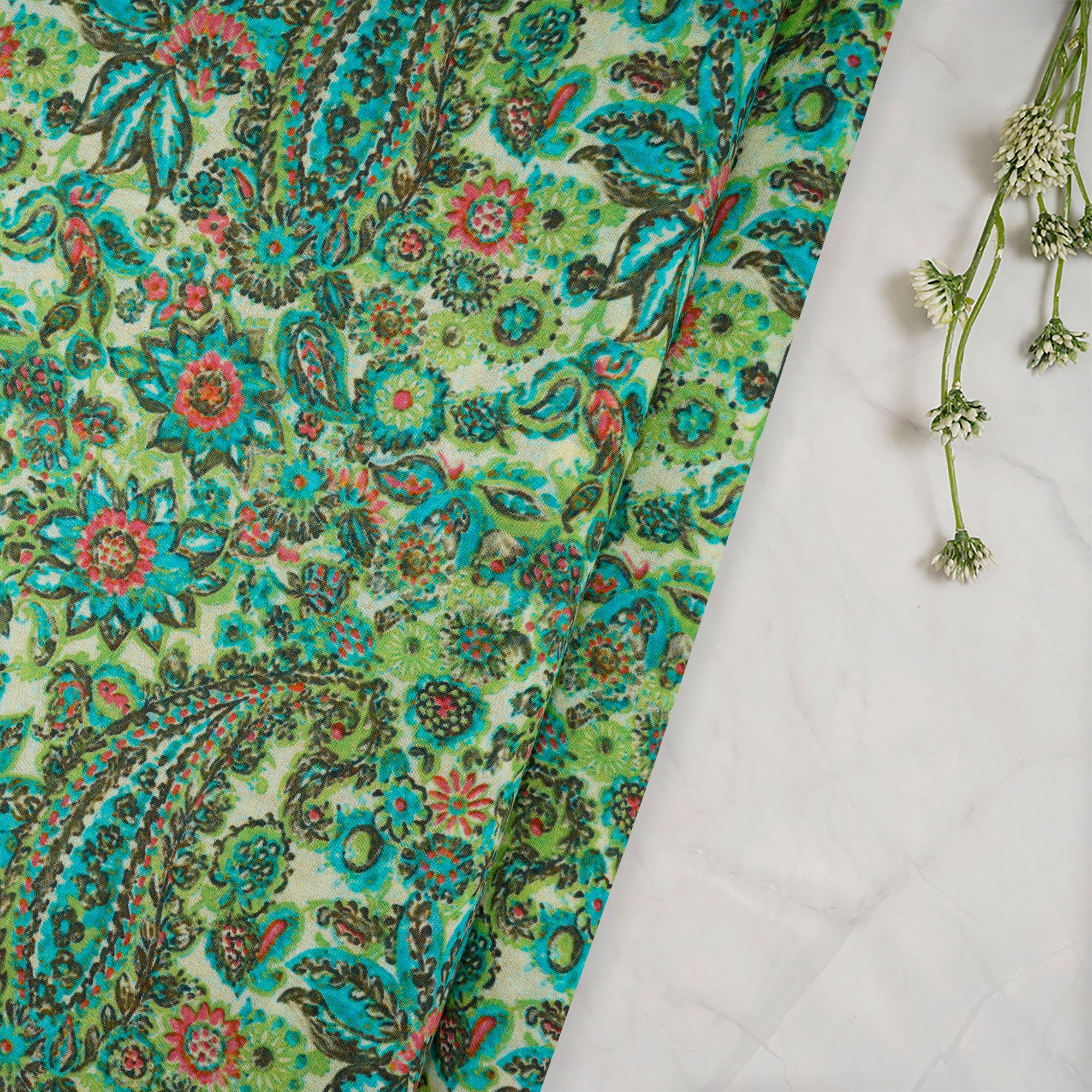 (Pre-Cut 4.10 Mtr)Green Floral Pattern Digital Print-High Twist Voile Fabric
