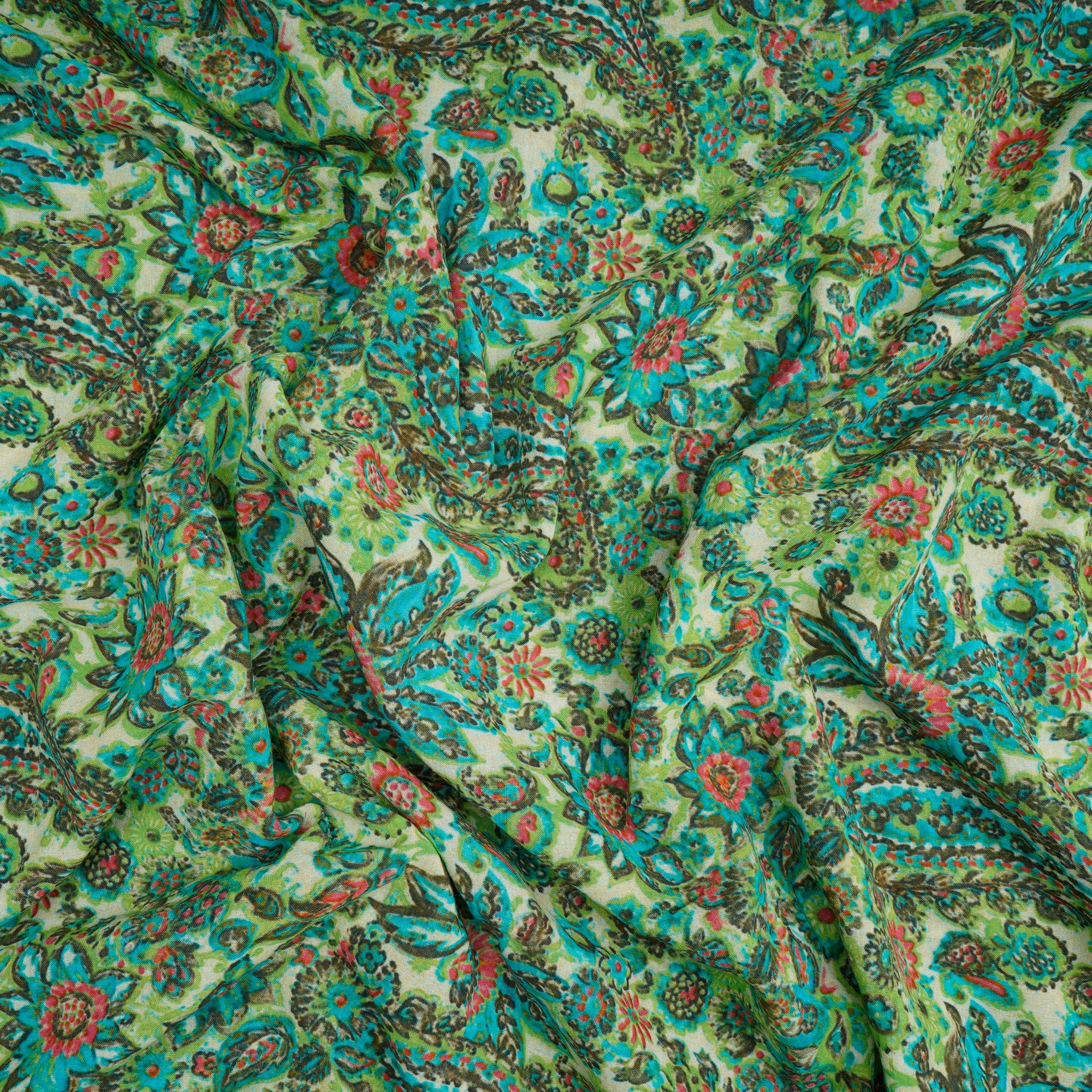 (Pre-Cut 4.10 Mtr)Green Floral Pattern Digital Print-High Twist Voile Fabric
