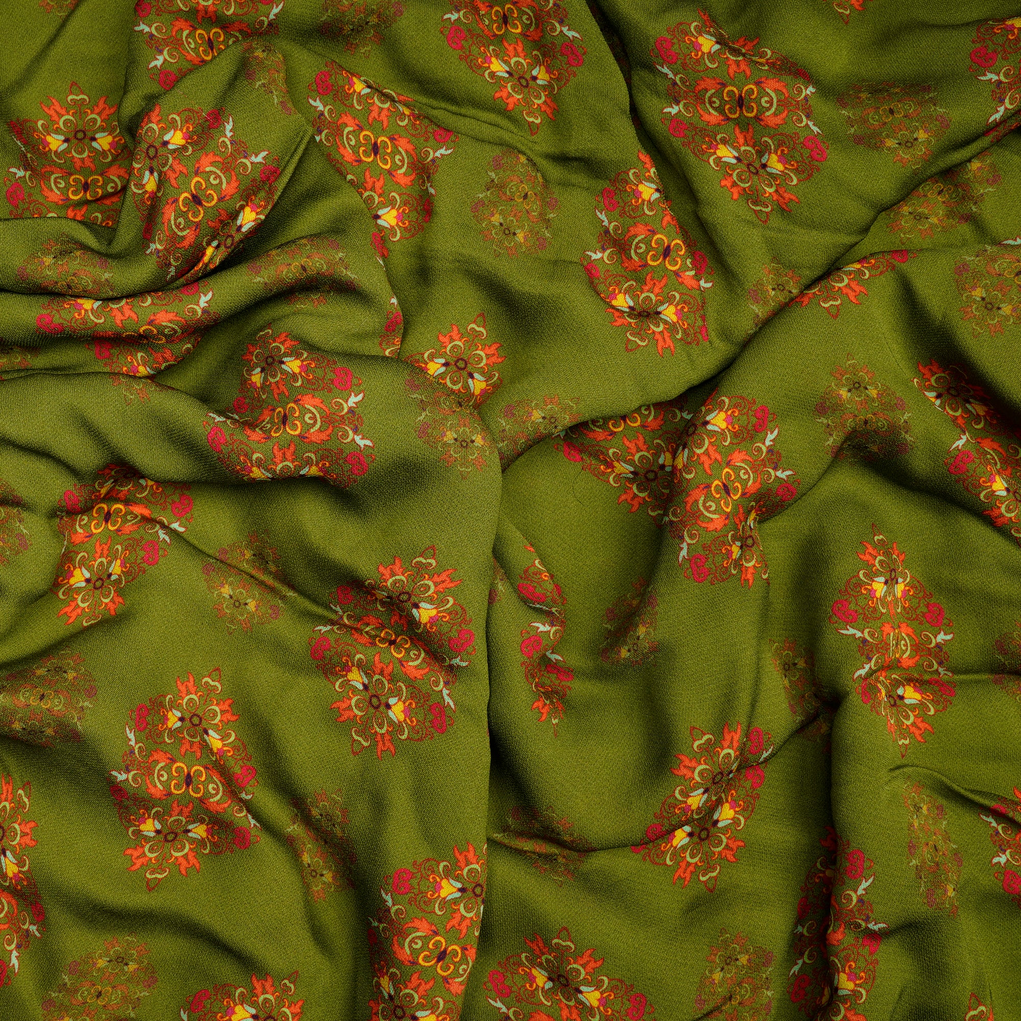 (Pre-Cut 4.50 Mtr)Green Floral Pattern Digital Print-Viscose Georgette Fabric