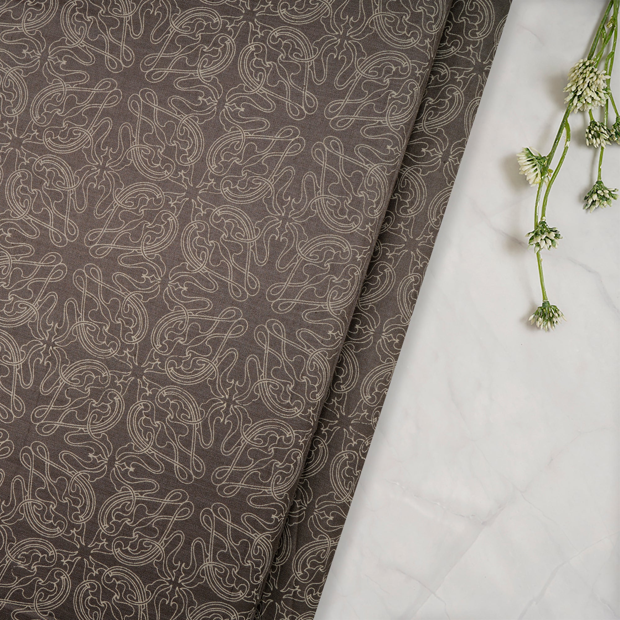 (Pre-Cut 3.50 Mtr)Grey All Over Pattern Screen Printed Natural Silk Fabric