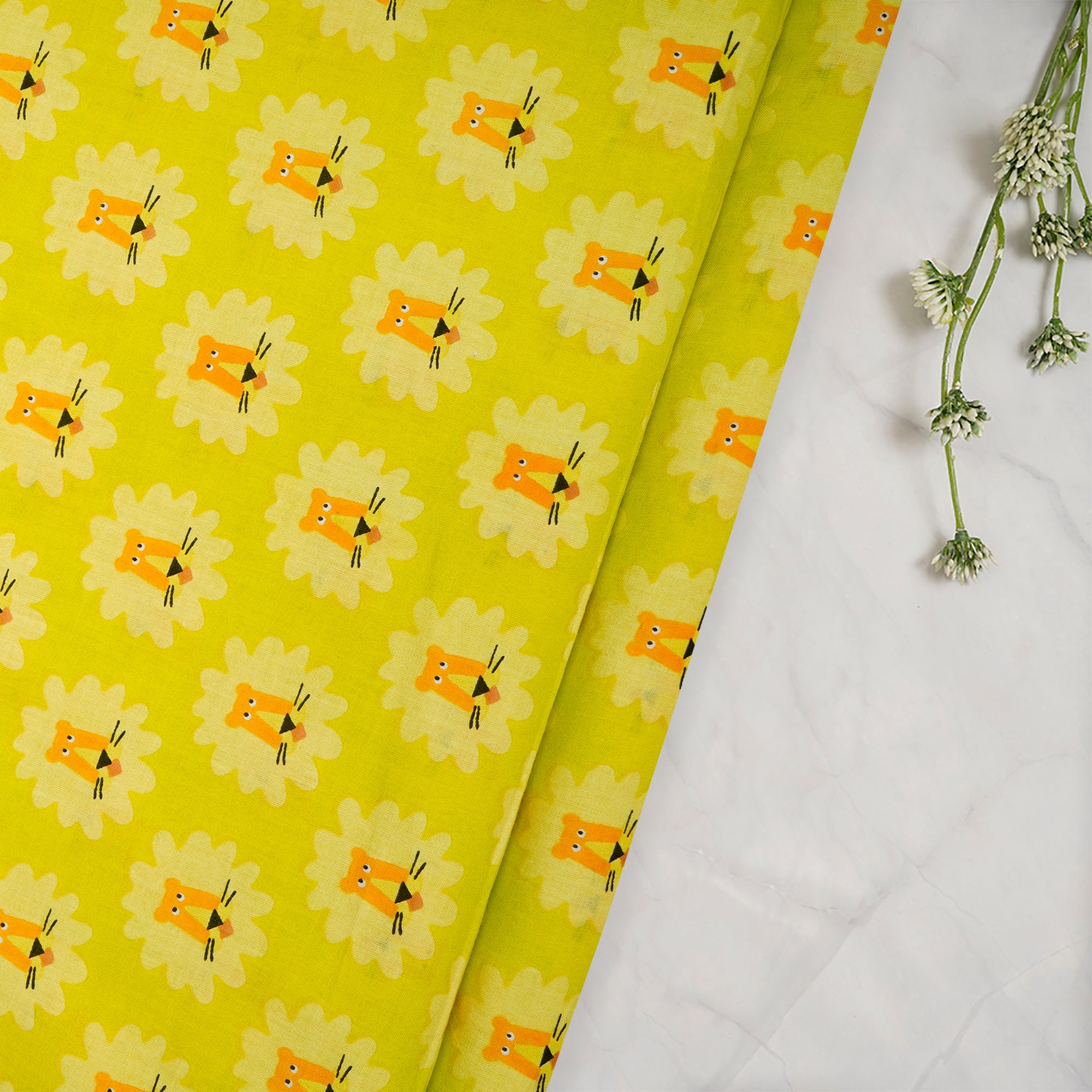 (Pre-Cut 4.00 Mtr)Lemon Kids Pattern Screen Printed Pure Cotton Fabric