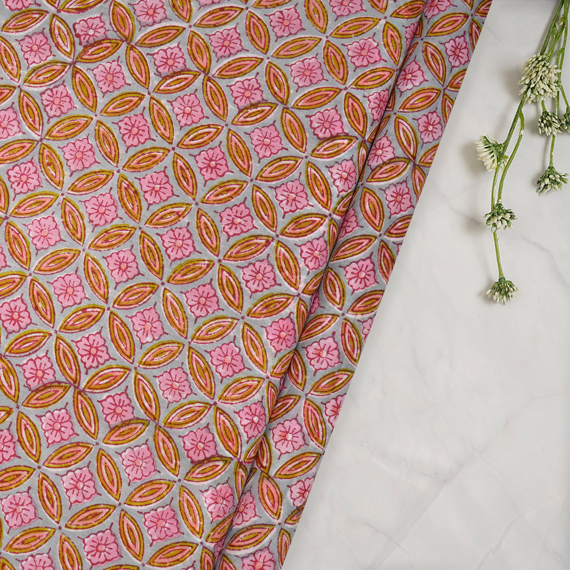 (Pre-Cut 2.00 Mtr)Multi Color Geometric Pattern Bagru Hand Block Printed Cotton Fabric