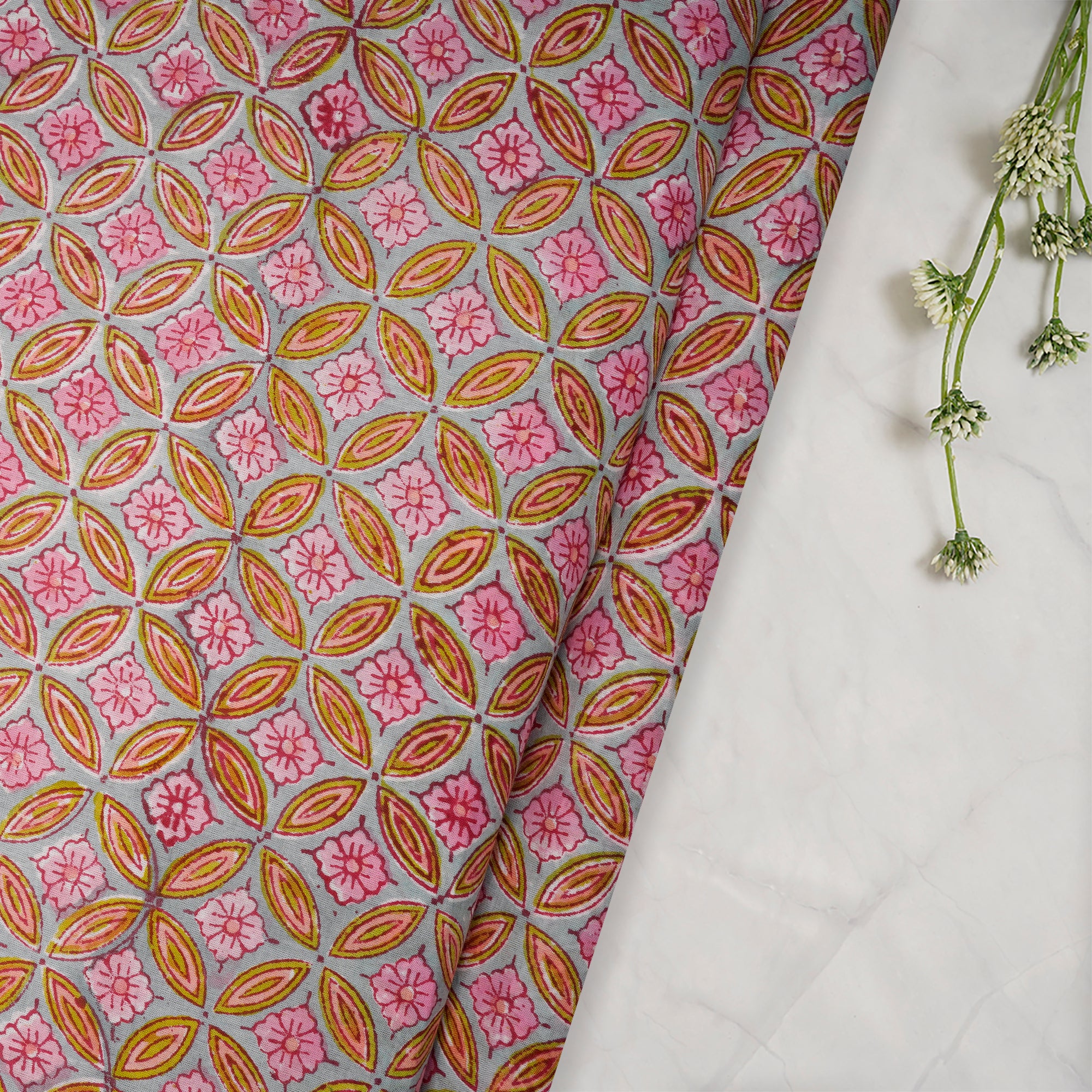 (Pre-Cut 4.00 Mtr)Multi Color All Over Pattern Hand Block Cotton Fabric