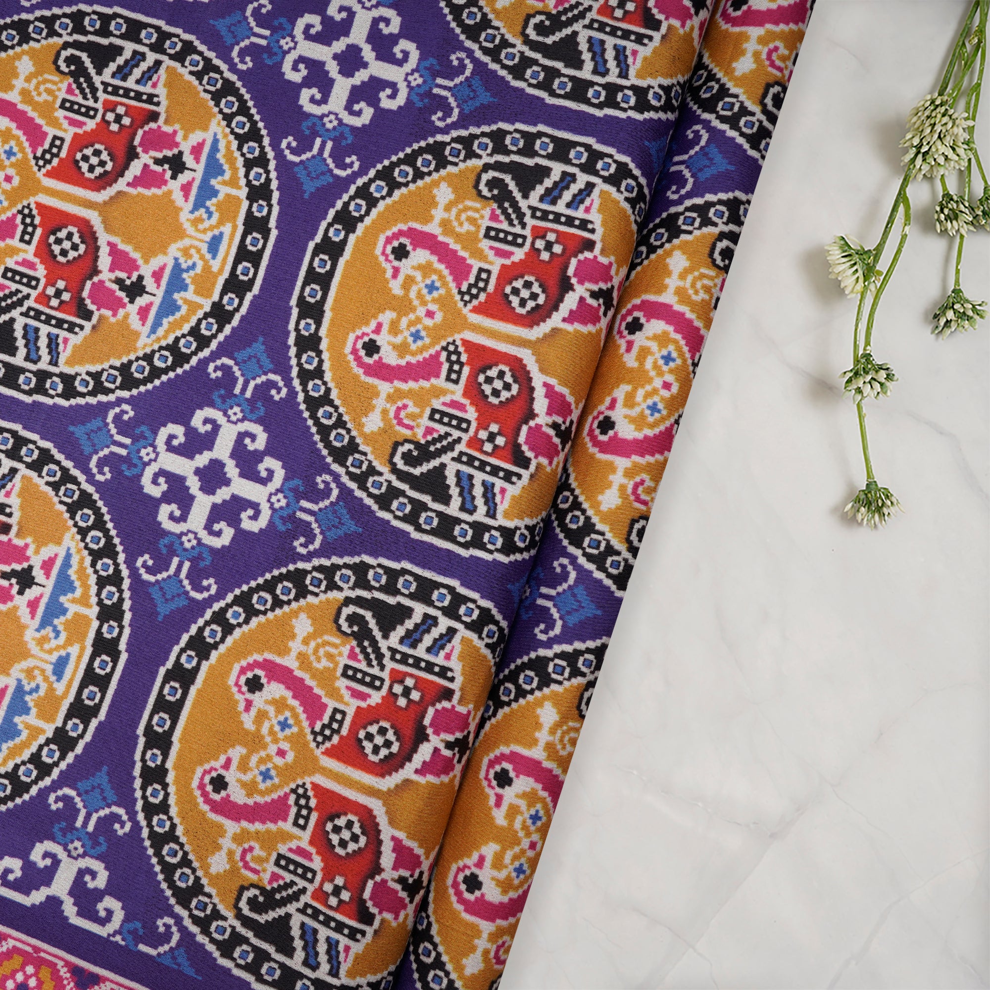 (Pre-Cut 3.00Mtr)Purple Corallites Patola Pattern Digital Print Cotton Satin Fabric