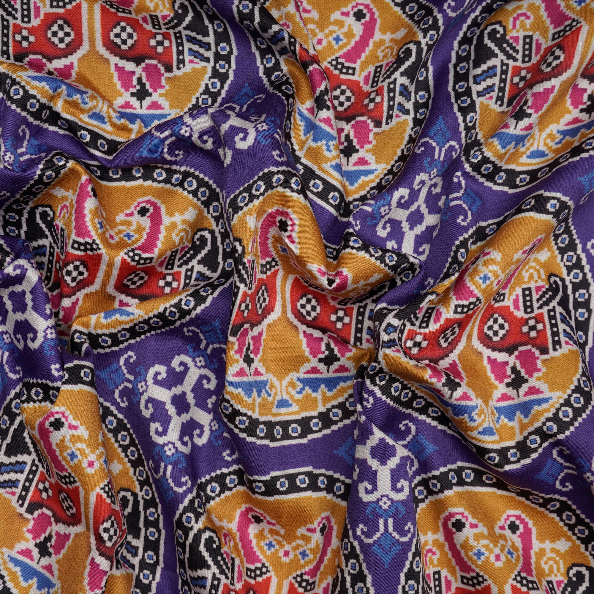 (Pre-Cut 3.00Mtr)Purple Corallites Patola Pattern Digital Print Cotton Satin Fabric