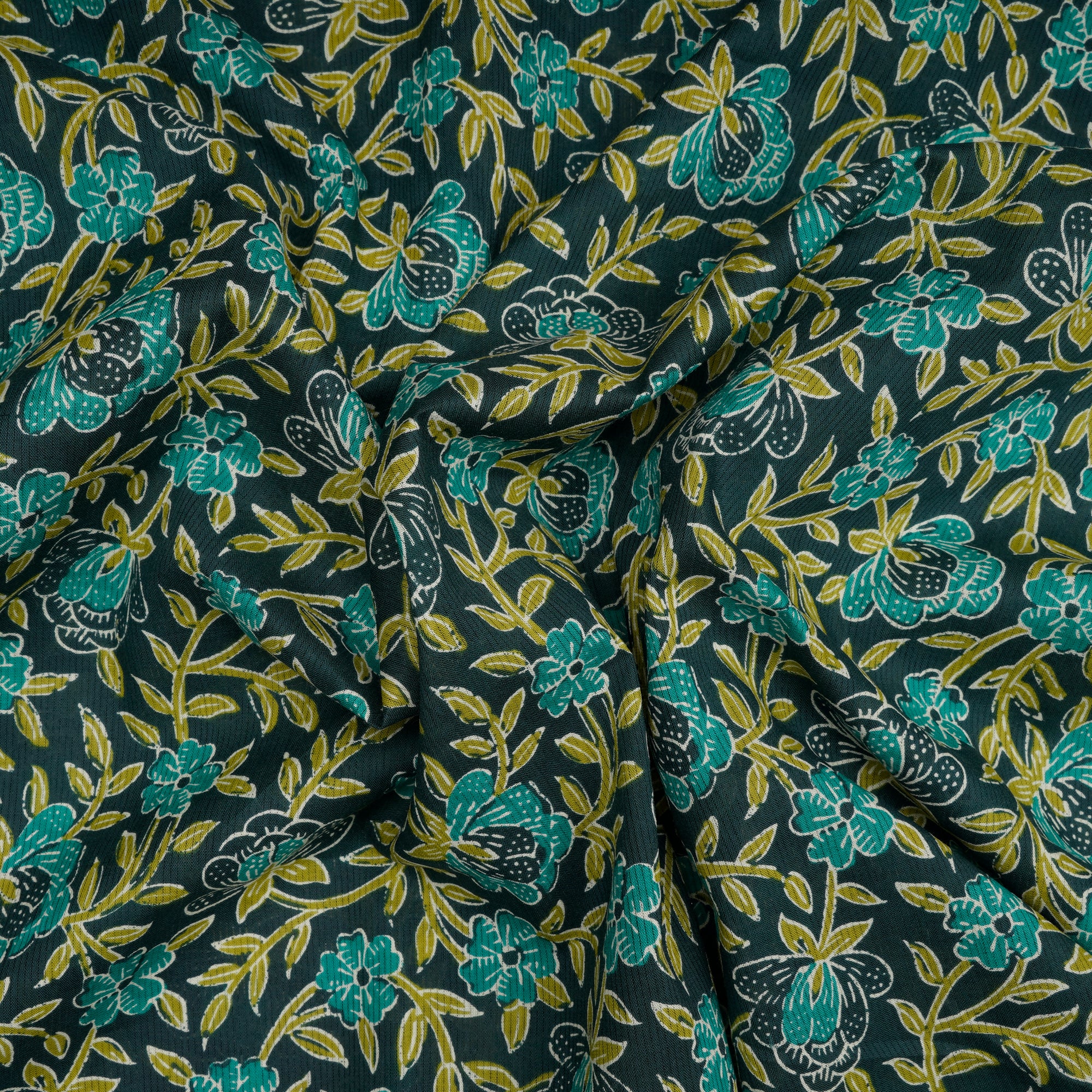 (Pre-Cut 2.65 Mtr)Green Floral Pattern Screen Print Cotton Fabric