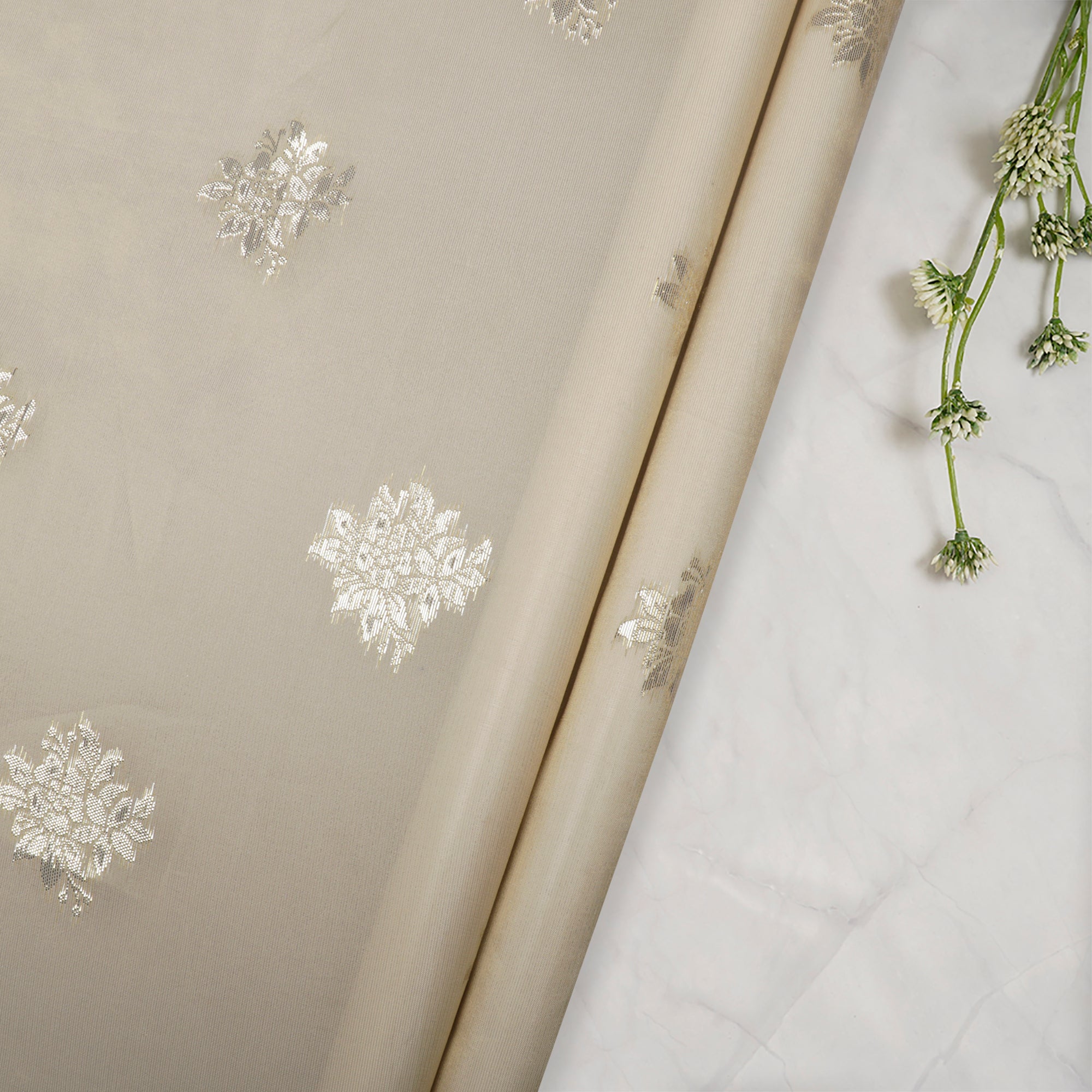 (Pre-Cut 0.50 Mtr)Off-White Floral Pattern Zari Viscose Tissue Fabric