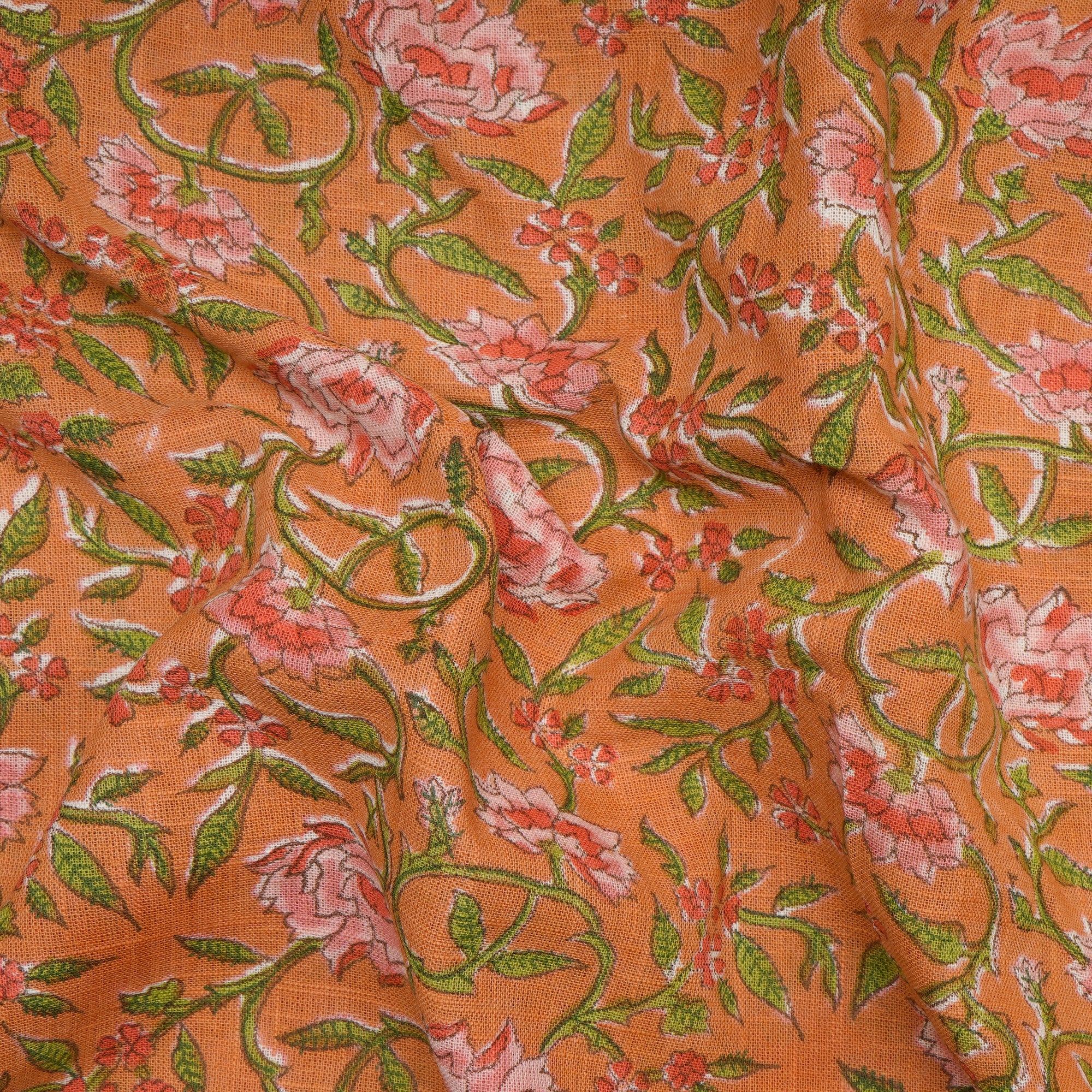 (Pre-Cut 2.00 Mtr)Apricot Tan All Over Pattern Hand Block Natural Dye Cotton Slub Fabric