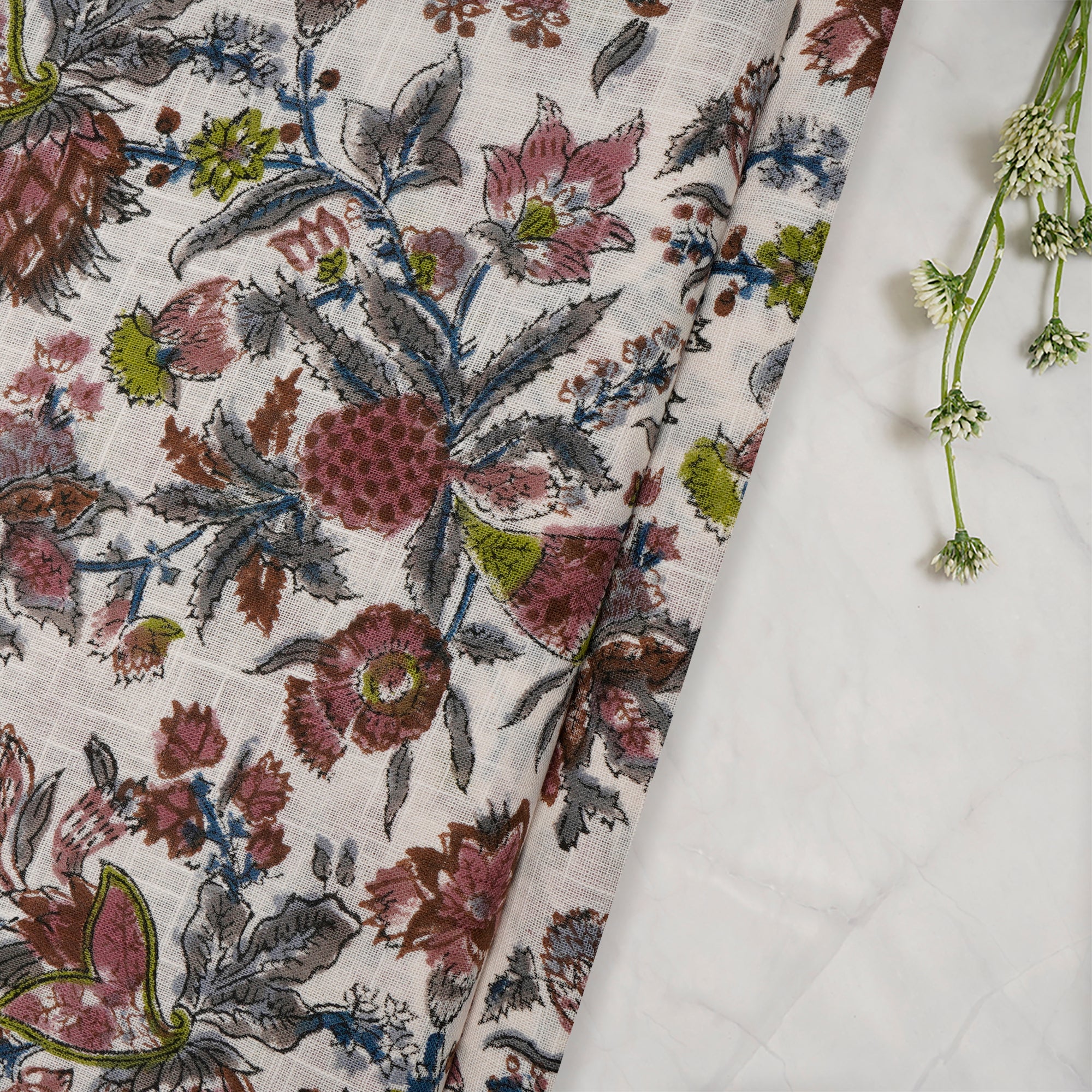 (Pre-Cut 2.00 Mtr)Multi Color All Over Pattern Hand Block Natural Dye Cotton Slub Fabric