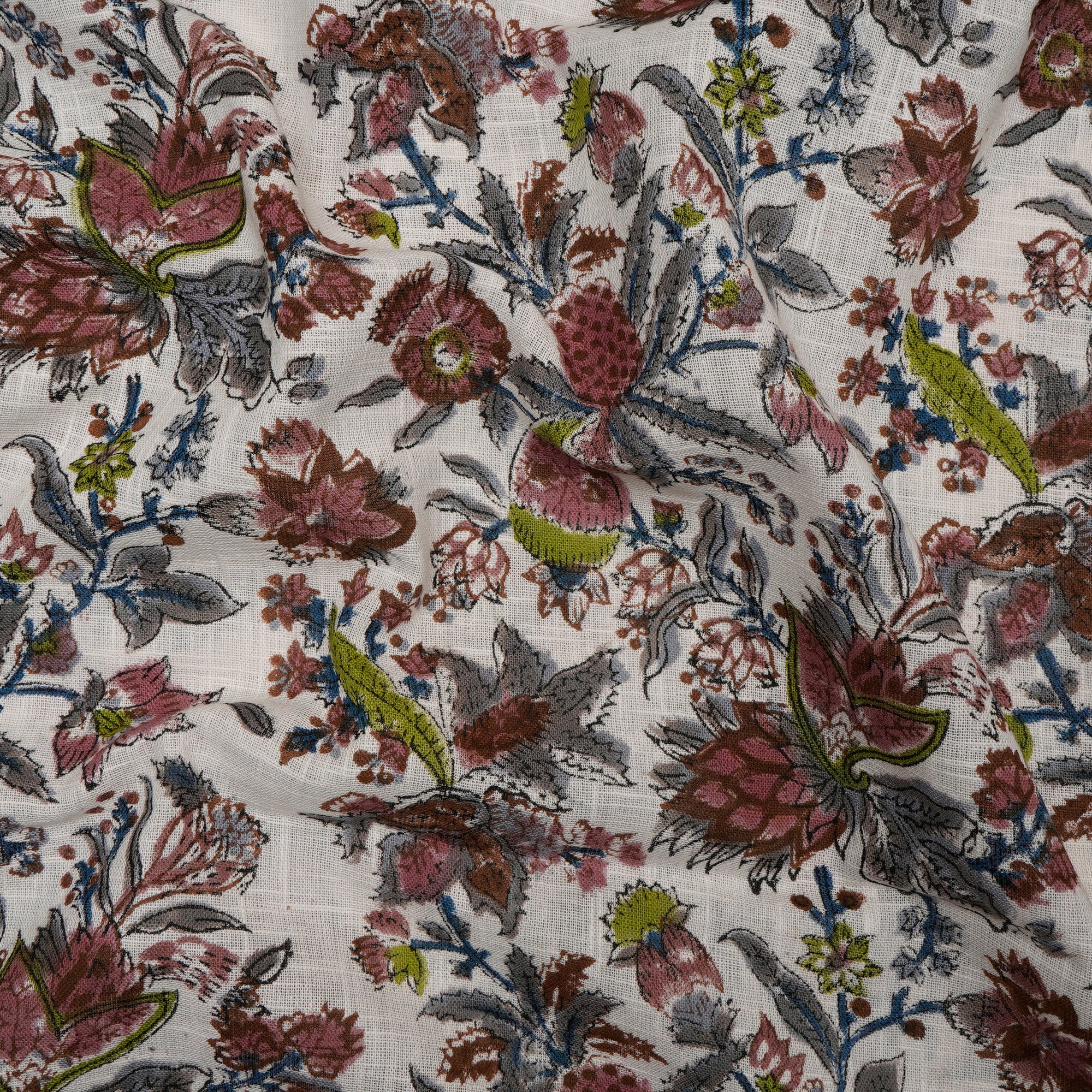 (Pre-Cut 2.00 Mtr)Multi Color All Over Pattern Hand Block Natural Dye Cotton Slub Fabric