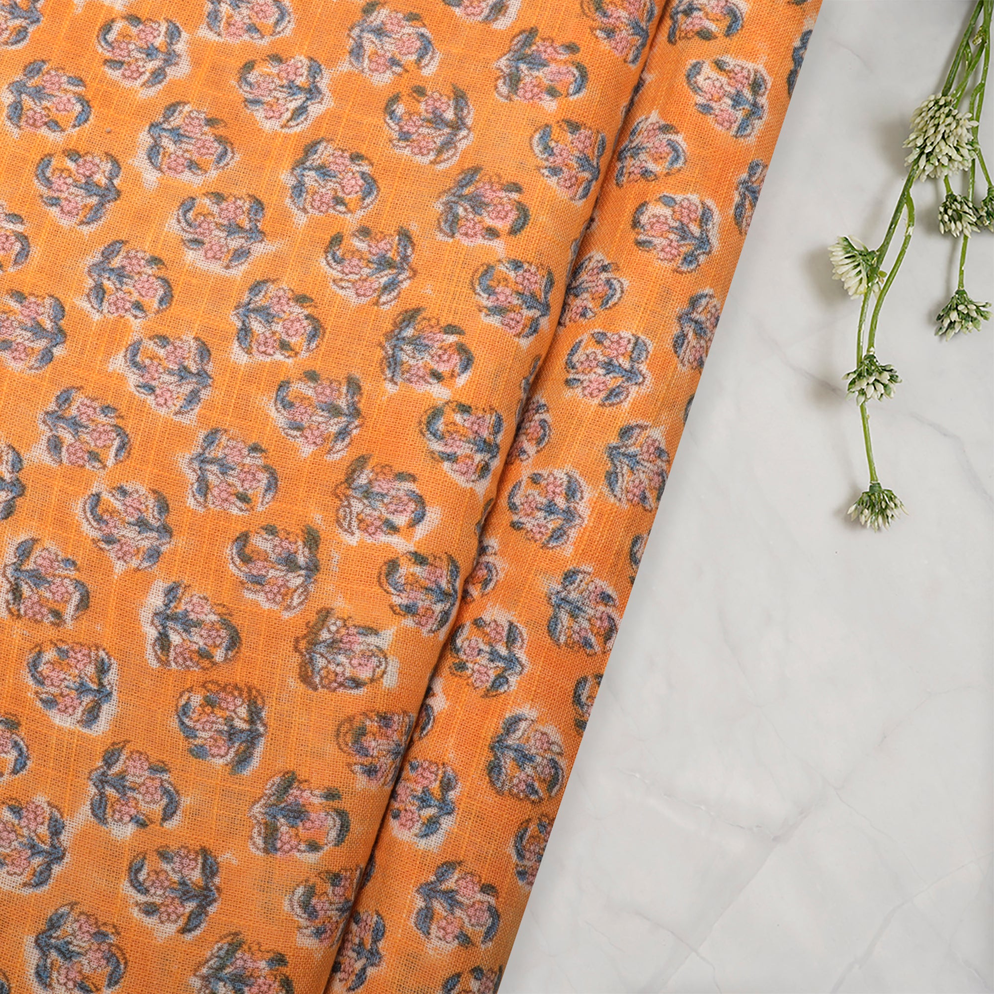 (Pre-Cut 2.00 Mtr)Light Orange All Over Pattern Hand Block Natural Dye Cotton Slub Fabric