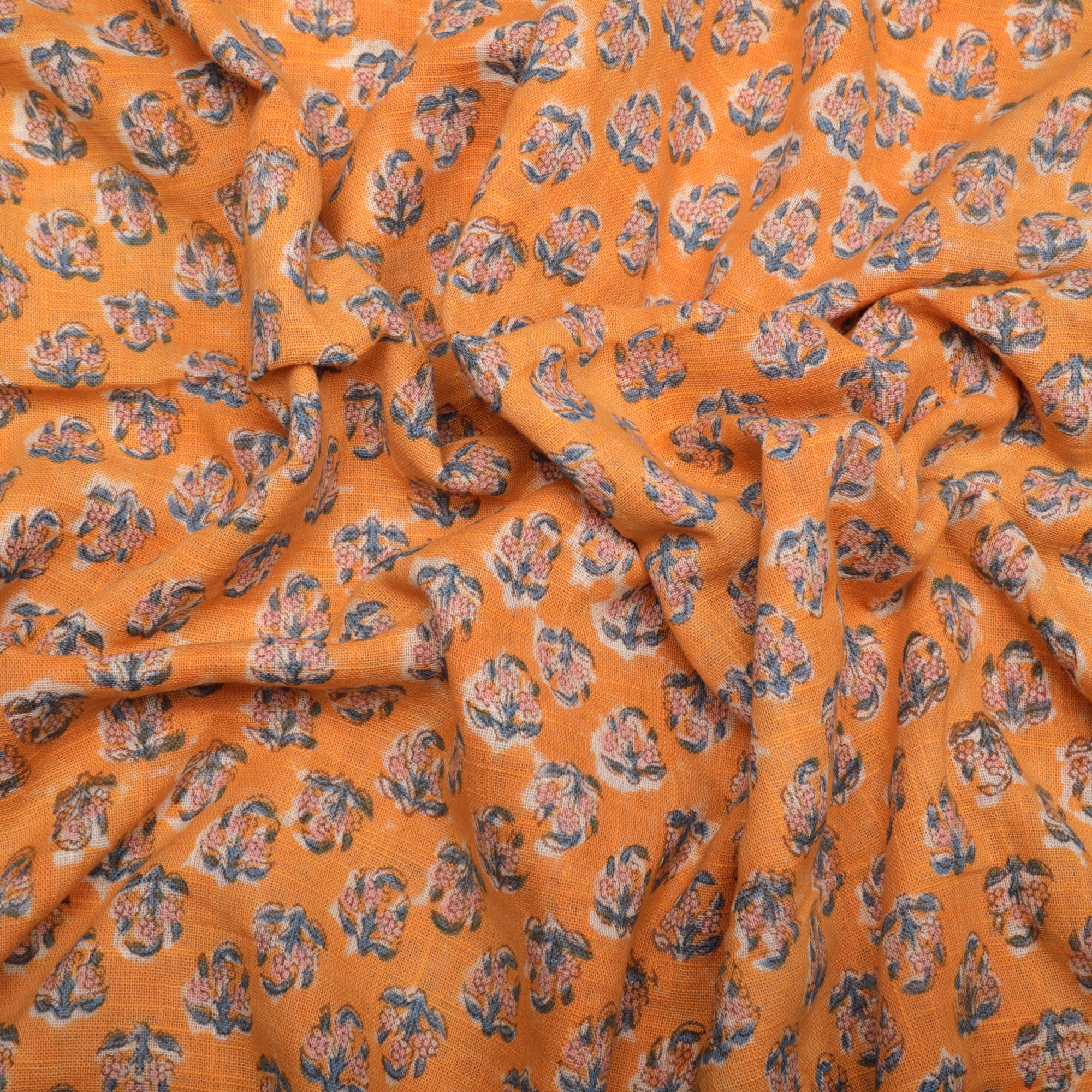 (Pre-Cut 2.00 Mtr)Light Orange All Over Pattern Hand Block Natural Dye Cotton Slub Fabric