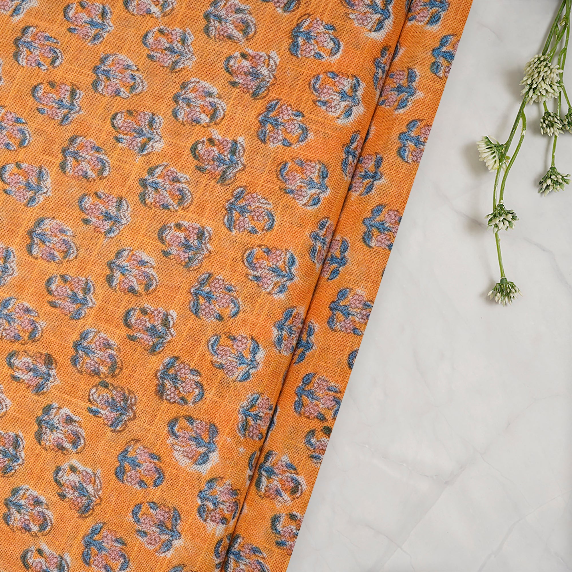 (Pre-Cut 3.10 Mtr) Light Orange All Over Pattern Hand Block Natural Dye Cotton Slub Fabric