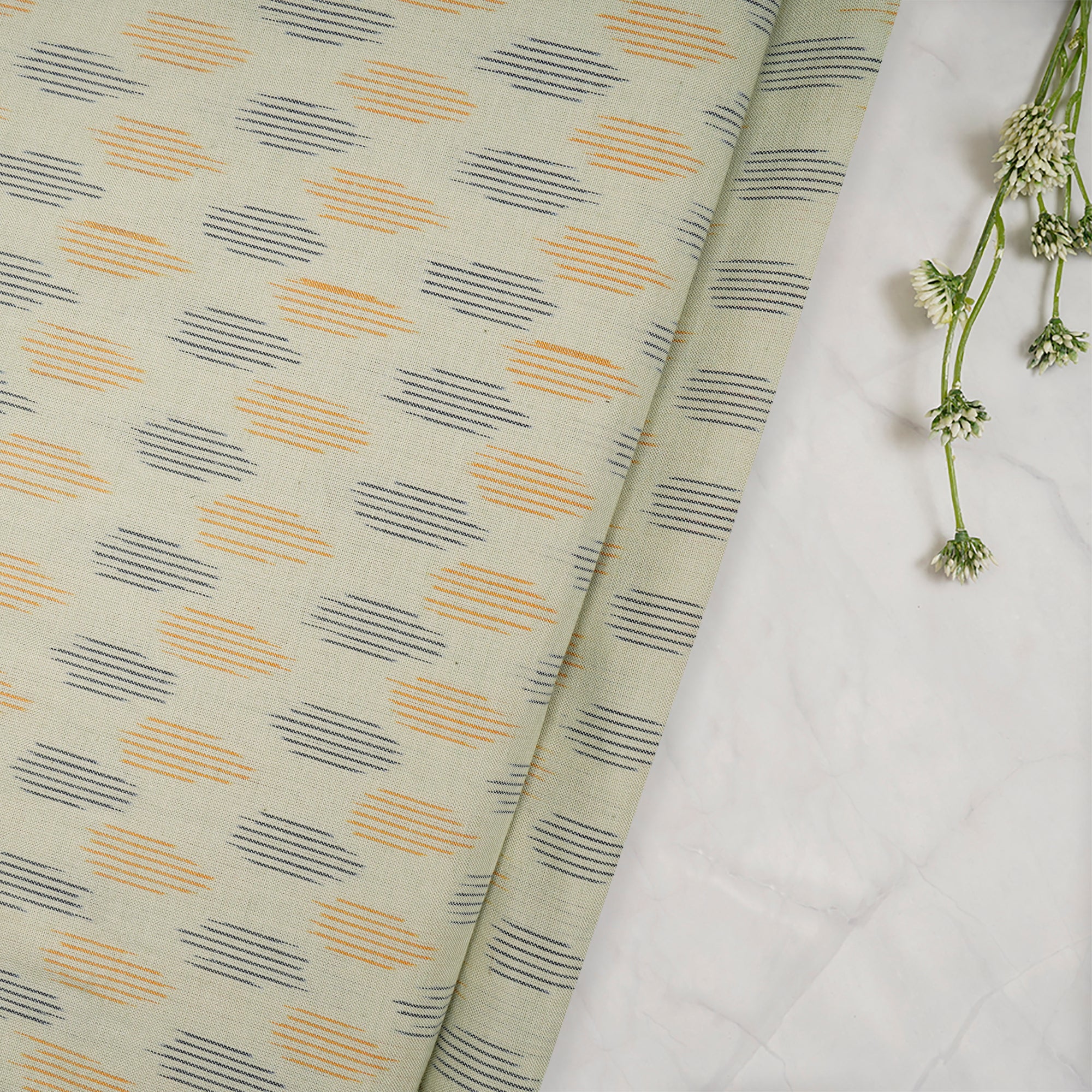 (Pre-Cut 3.50 Mtr)Pastel Green Washed Woven Ikat Cotton Fabric