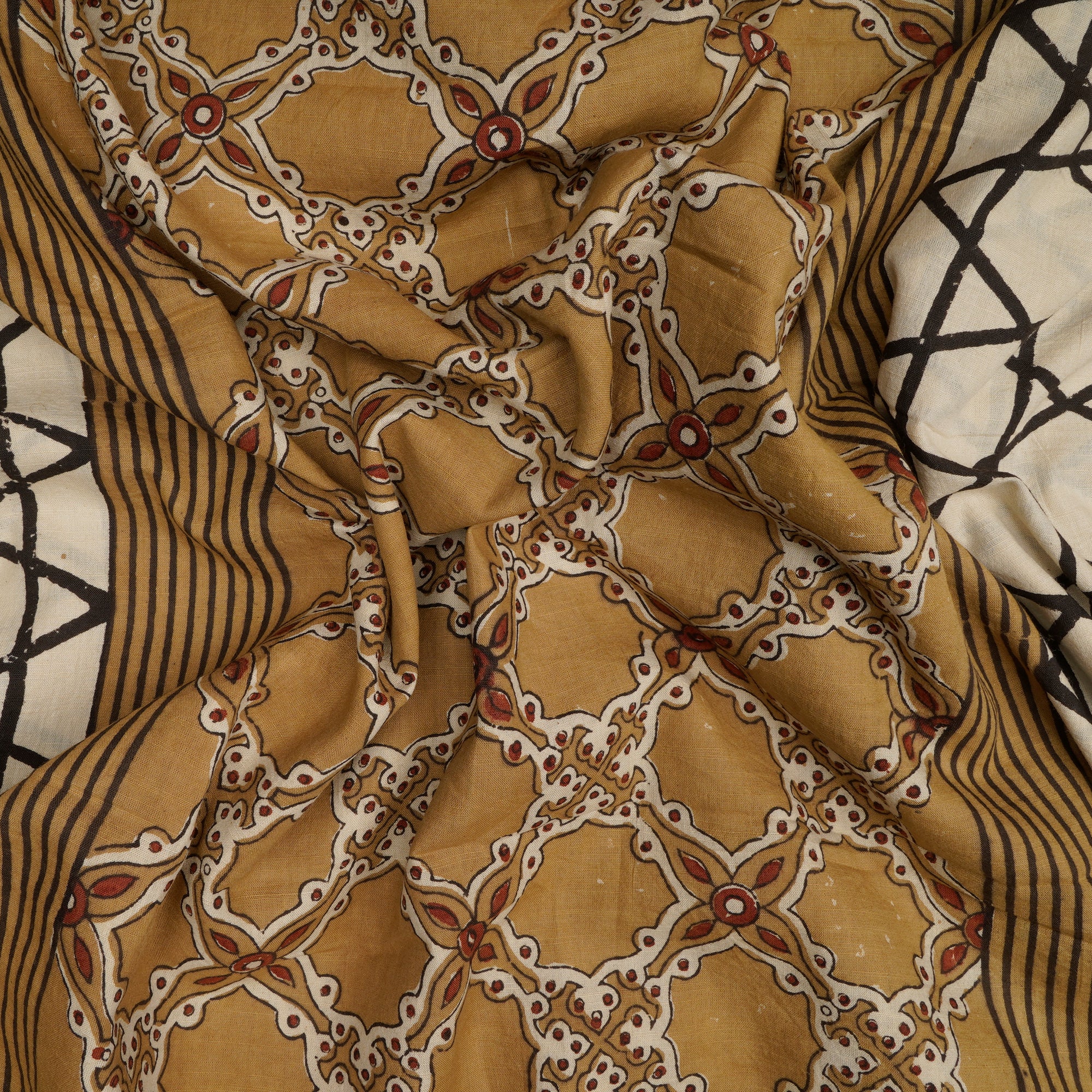 (Pre-Cut 3.35 Mtr)Beige Natural Dye Hand Block Ajrak Printed Cotton Fabric