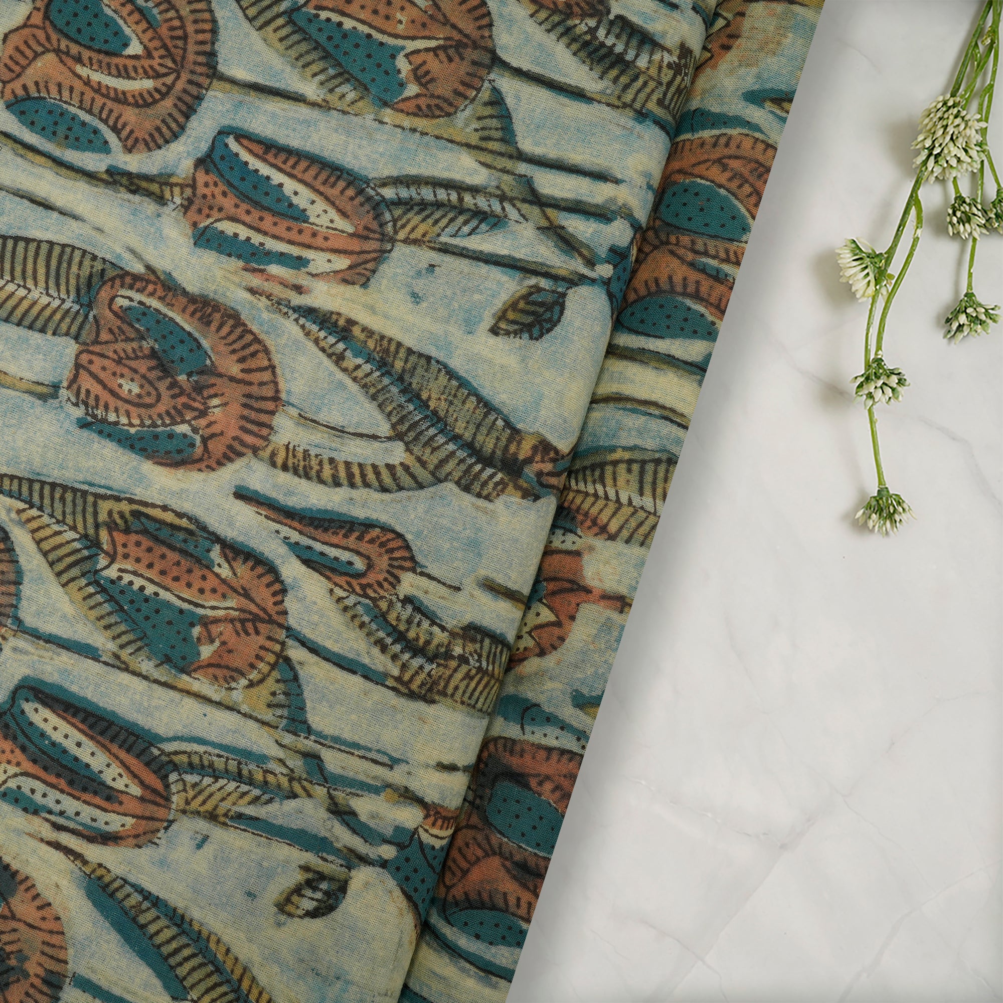 (Pre-Cut 1.50 Mtr)Cream-Blue Natural Dye Hand Block Ajrak Dabu Printed Cotton Fabric