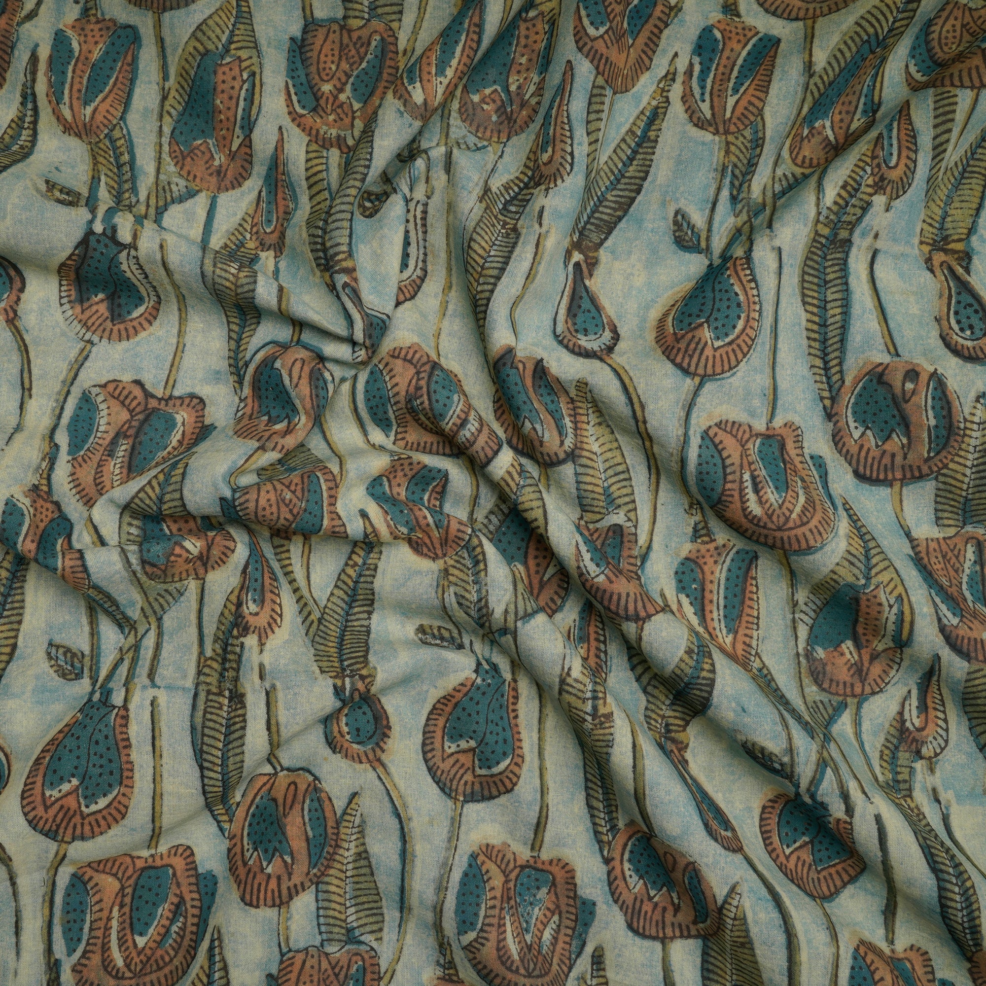(Pre-Cut 1.50 Mtr)Cream-Blue Natural Dye Hand Block Ajrak Dabu Printed Cotton Fabric