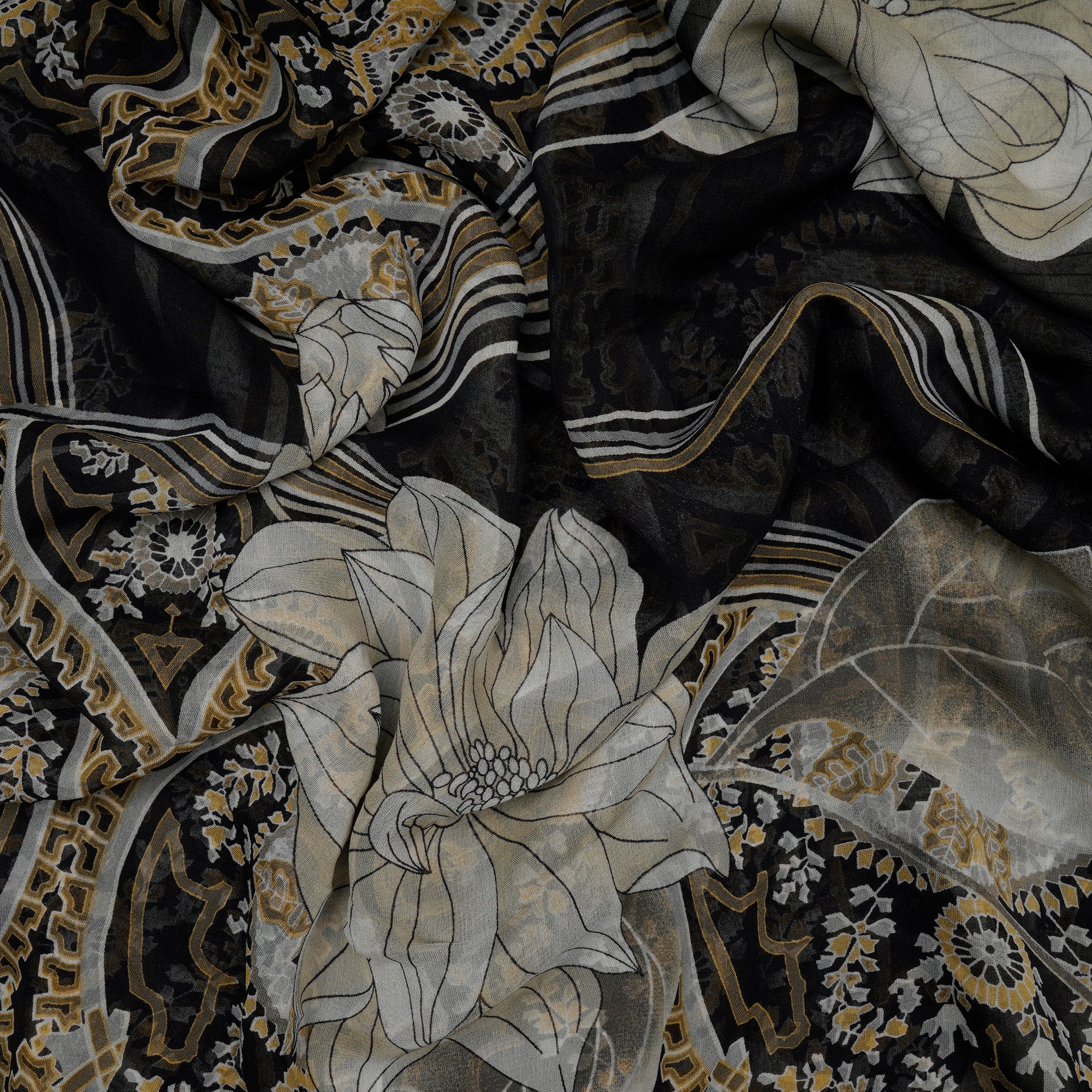 (Pre-Cut 3.75 Mtr)Black Floral Pattern Screen Print Georgette Fabric
