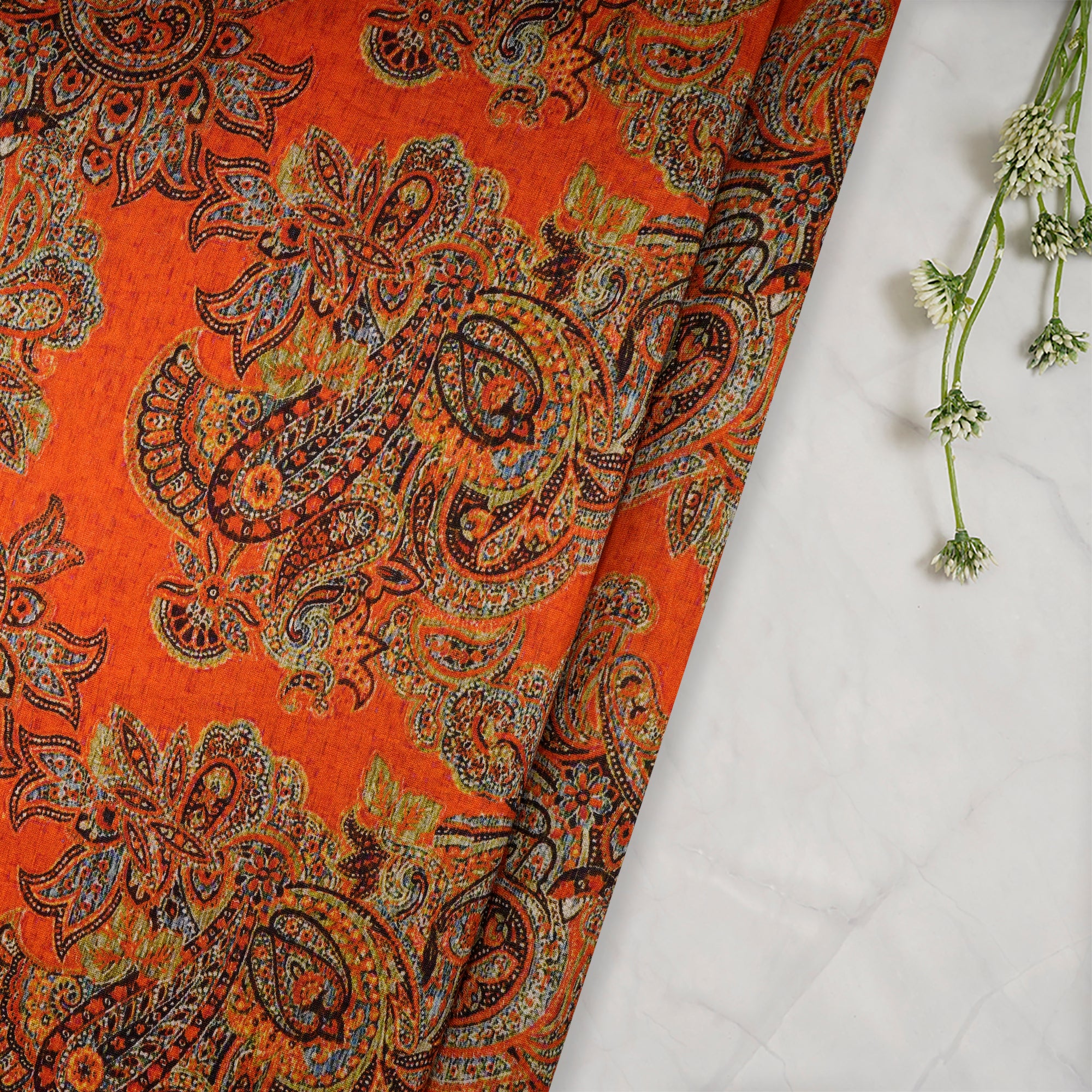 (Pre-Cut 2.30 Mtr)Orange Floral Pattern Digita;l Print Chanderi Fabric