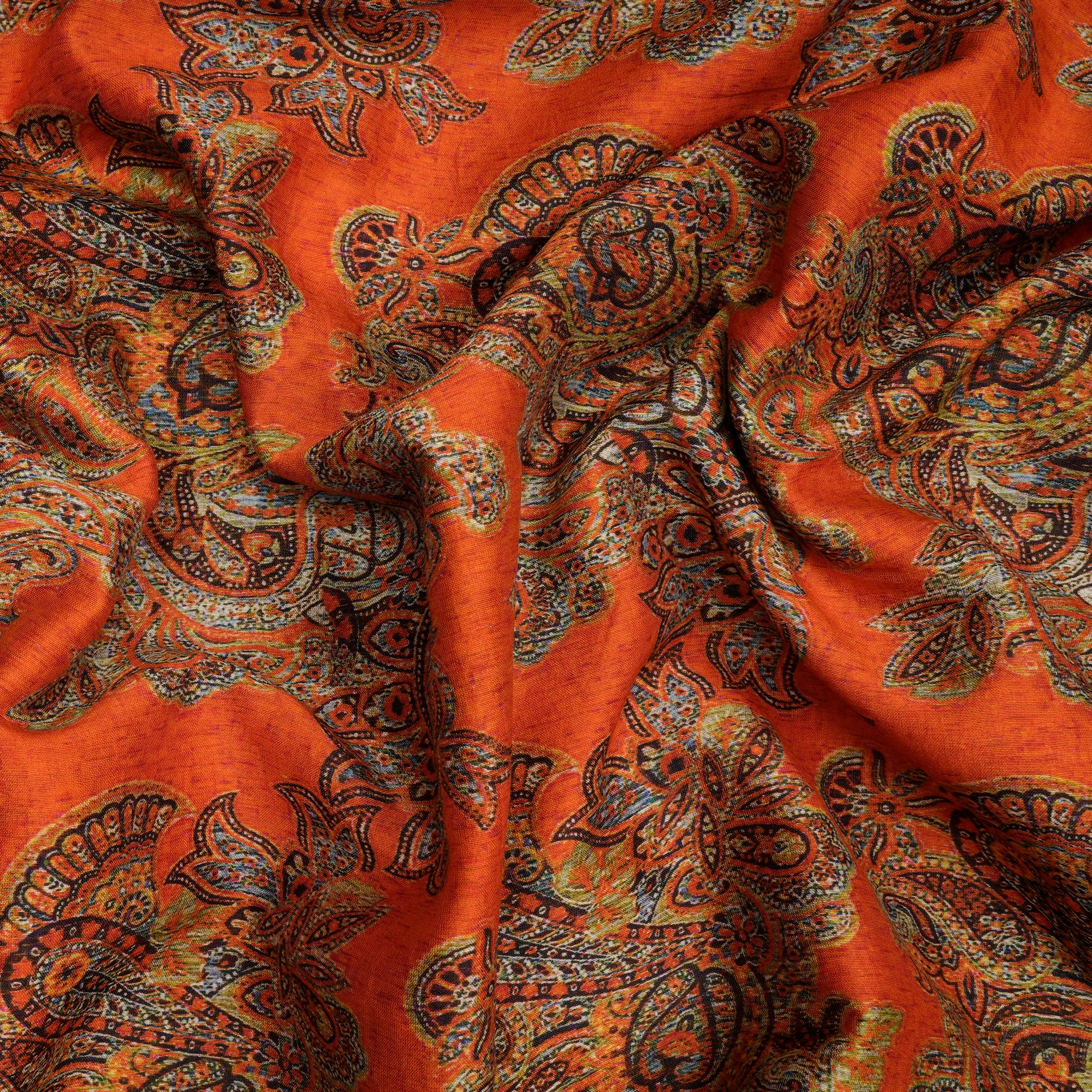 (Pre-Cut 2.30 Mtr)Orange Floral Pattern Digita;l Print Chanderi Fabric