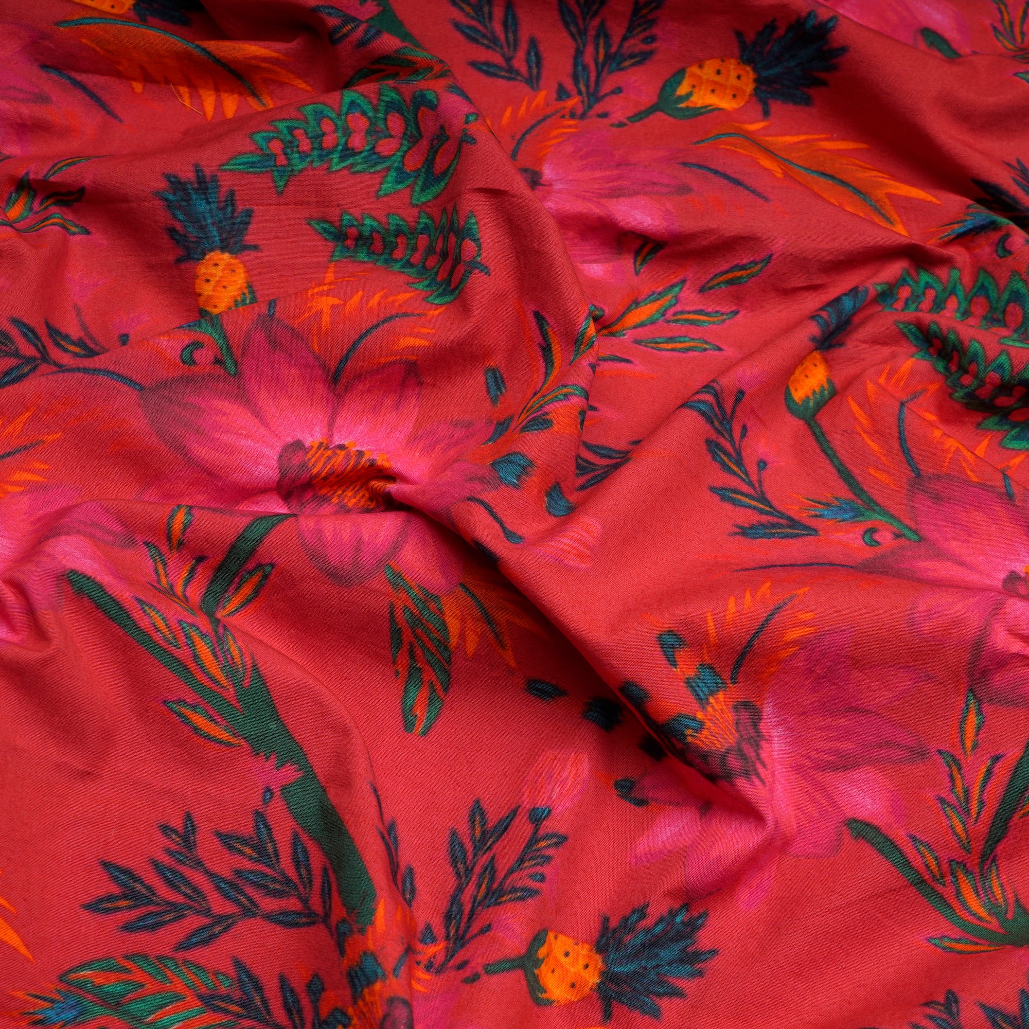 (Pre-Cut 2.35 Mtr)Red Floral Pattern Digital Printed Cotton Fabric