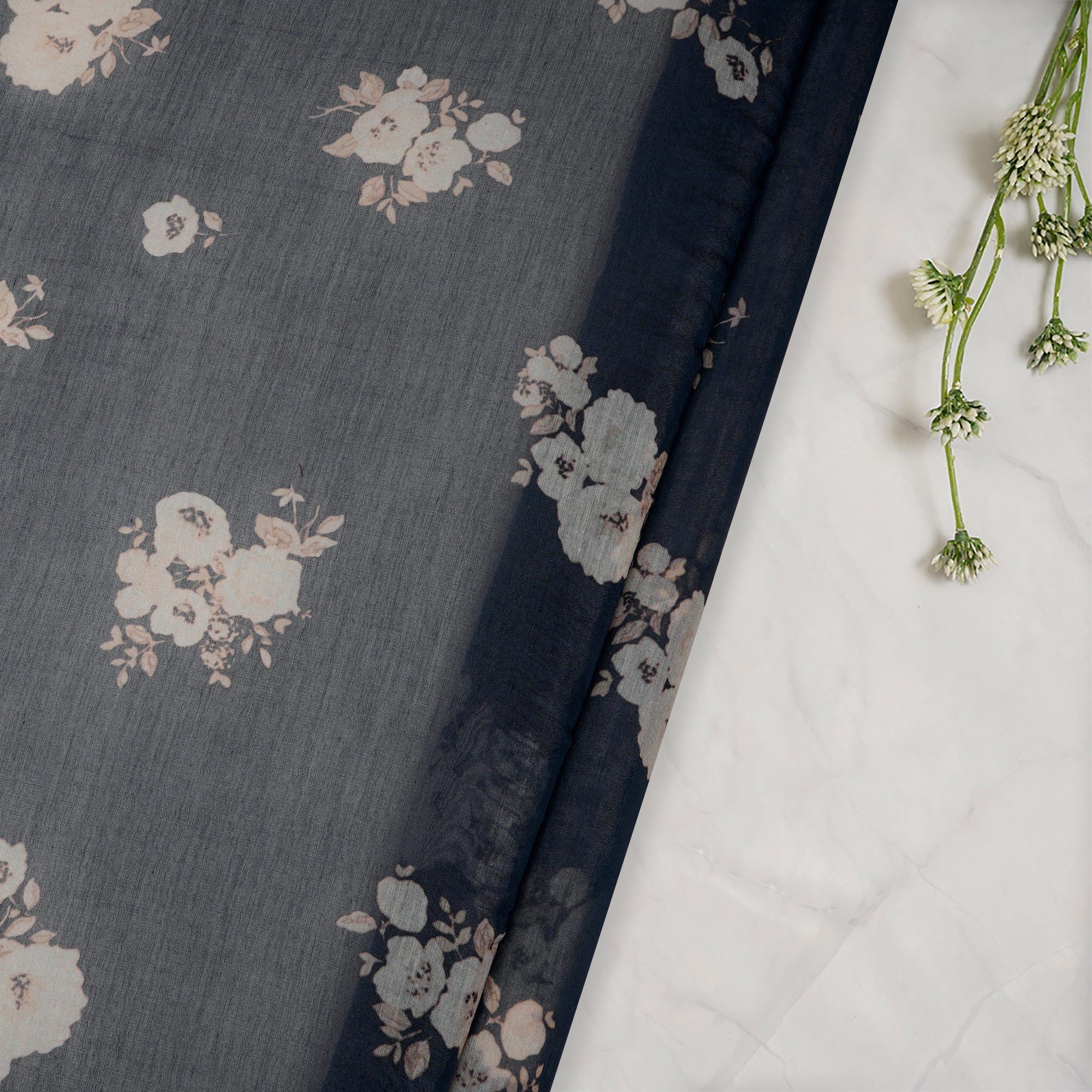 (Pre-Cut 1.40 Mtr)Ombre Blue Floral Motif Pattern Digital Printed Silk-Cotton Fabric